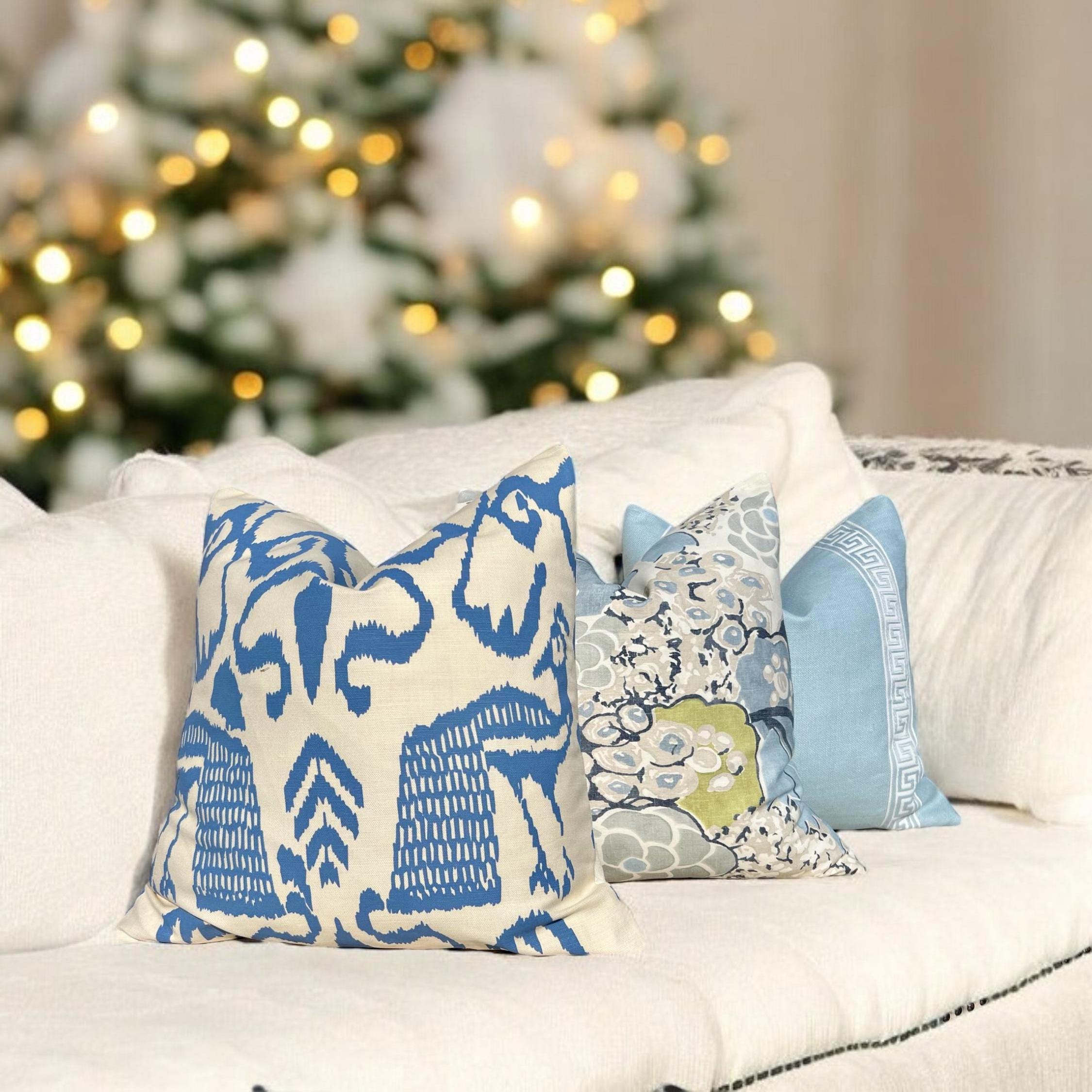 Quadrille Bali Isle Linen Pillow in Blue and Cream, Designer Modern Coastal Throw Pillow, Luxury Accent Cushion Cover, High-End Home Décor,