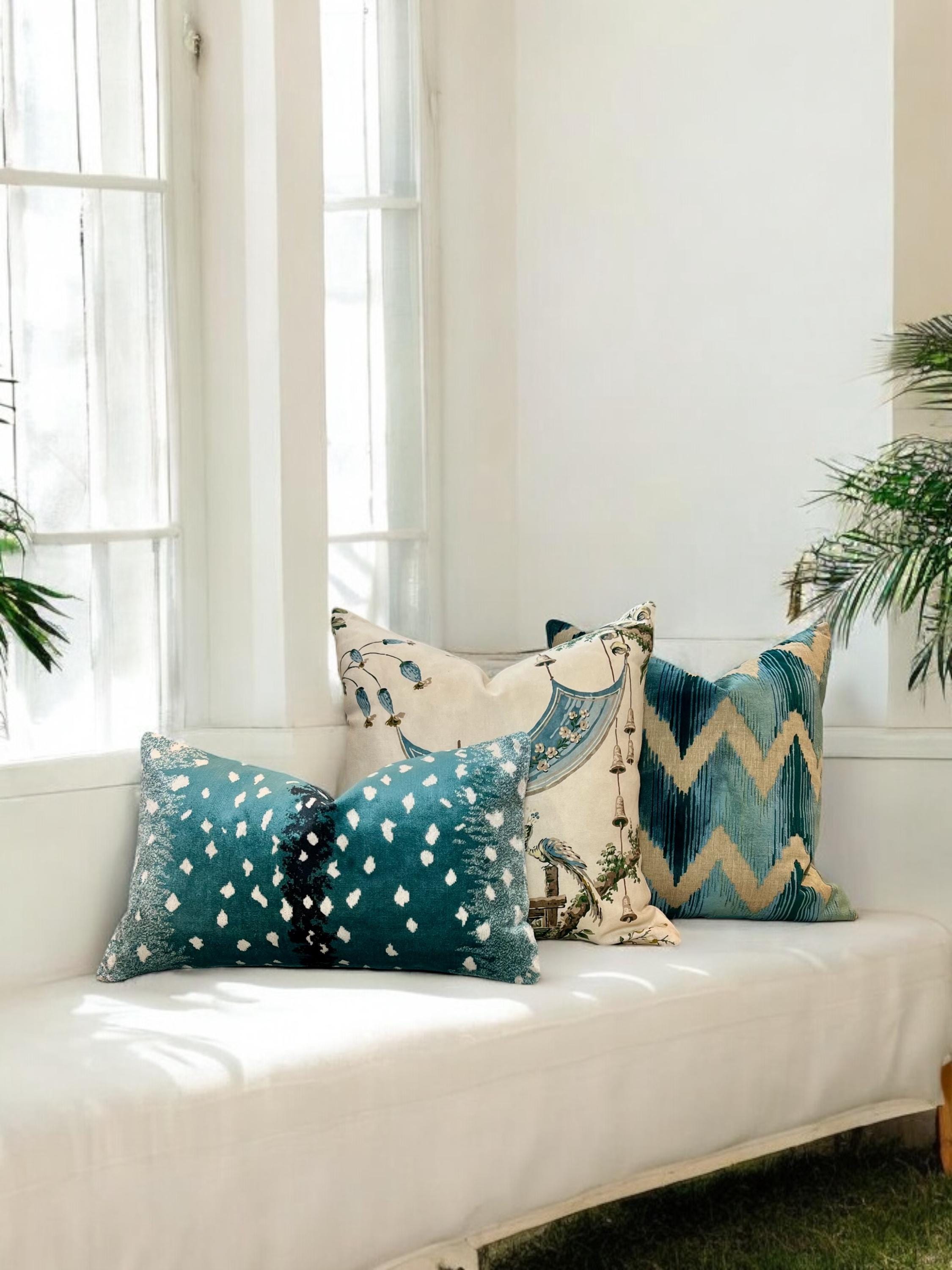 Lee Jofa Waterside Raised Velvet Pillow in Teal, Modern Aqua Zig Zag Cushion Cover, Geometric Velvet Pillow, Contemporary Velvet Pillows