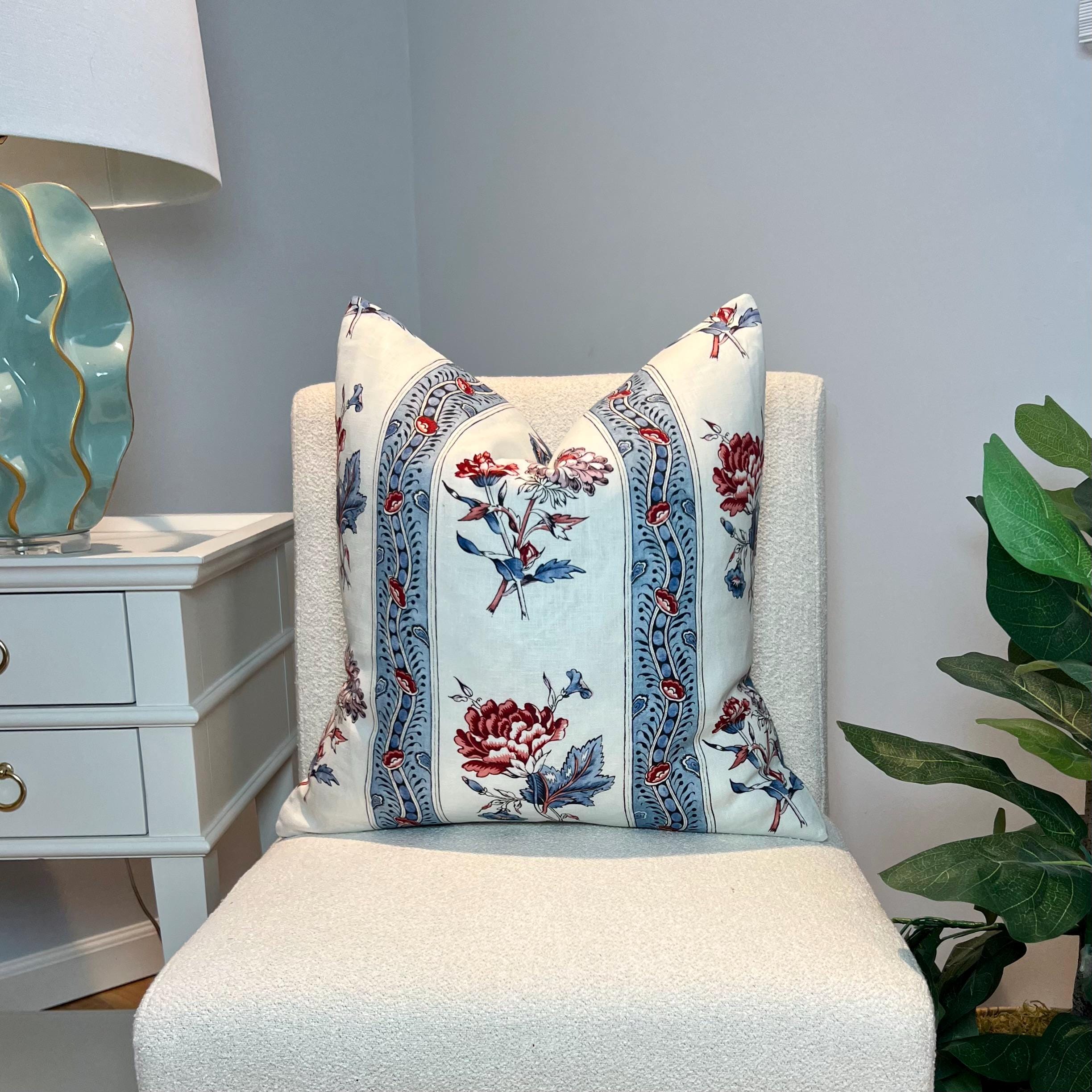 Schumacher Ariana Floral Stripe Linen Pillow in Red and Blue, French Floral Cushion in Blue Red, Designer Linen Cushion, Euro Sham Pillow