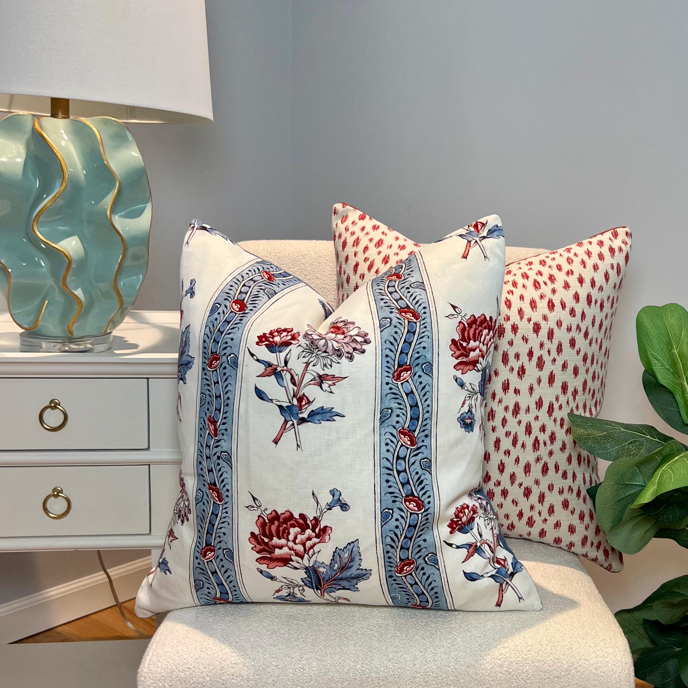 Schumacher Ariana Floral Stripe Linen Pillow in Red and Blue, French Floral Cushion in Blue Red, Designer Linen Cushion, Euro Sham Pillow