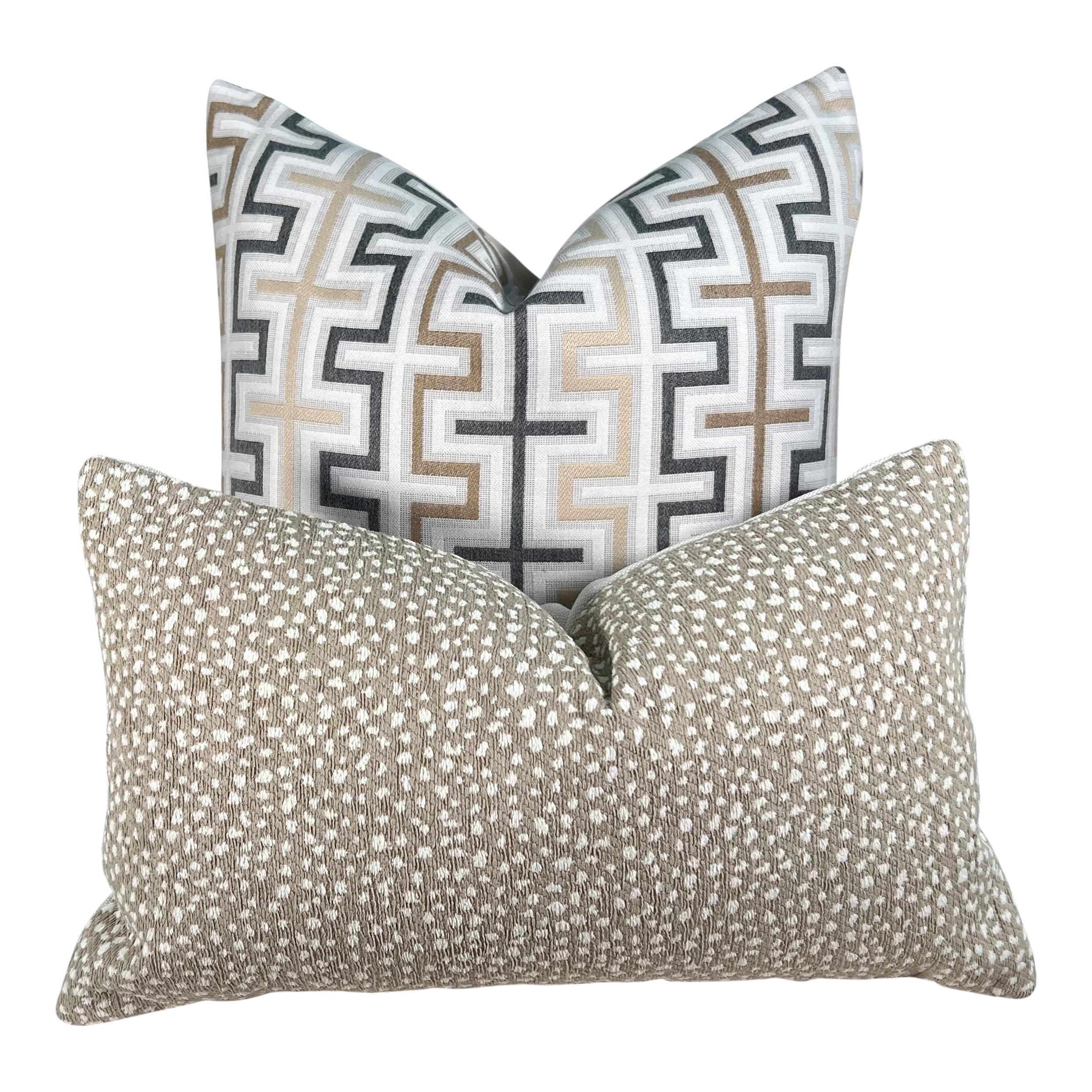 Thibaut Indoor/Outdoor Zipper Pillow in Beige Tones. Sunbrella Outdoor Woven Pillow Cover, Beige, Tan Brown Weather Resistant Cushions