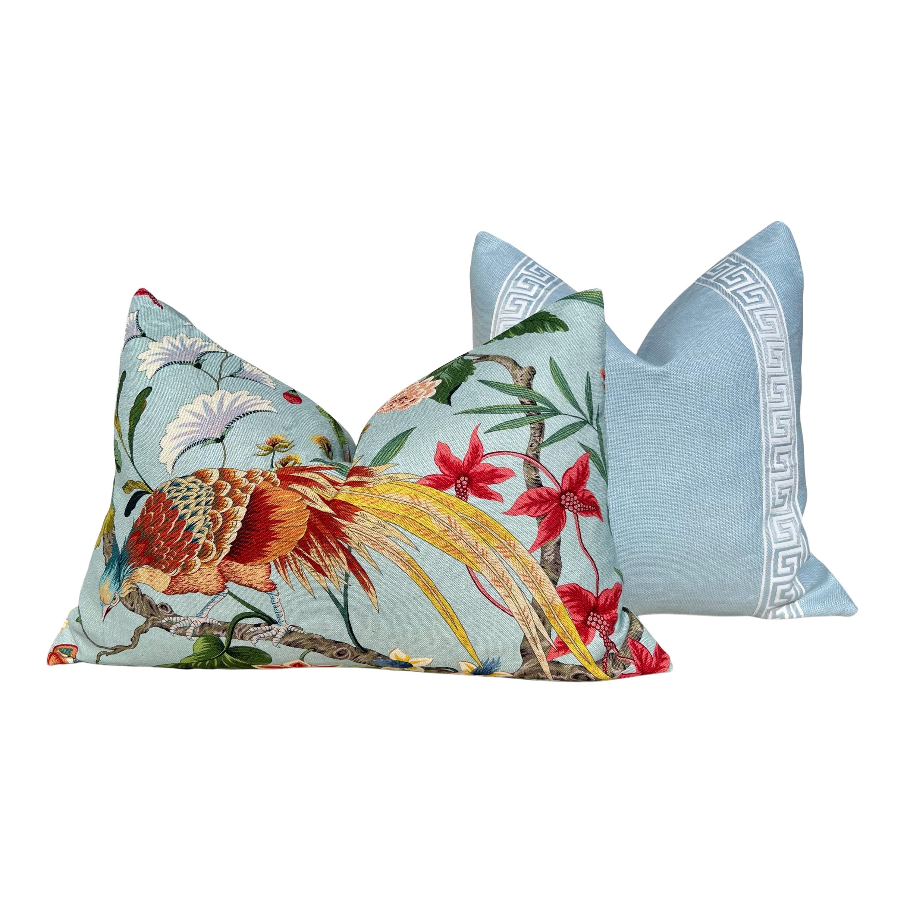 Scalamandre Botany Bay Pillow in Aqua, Designer Bird and Floral Linen Cushion, Luxury Throw Pillow, High-End Tropical Home Décor