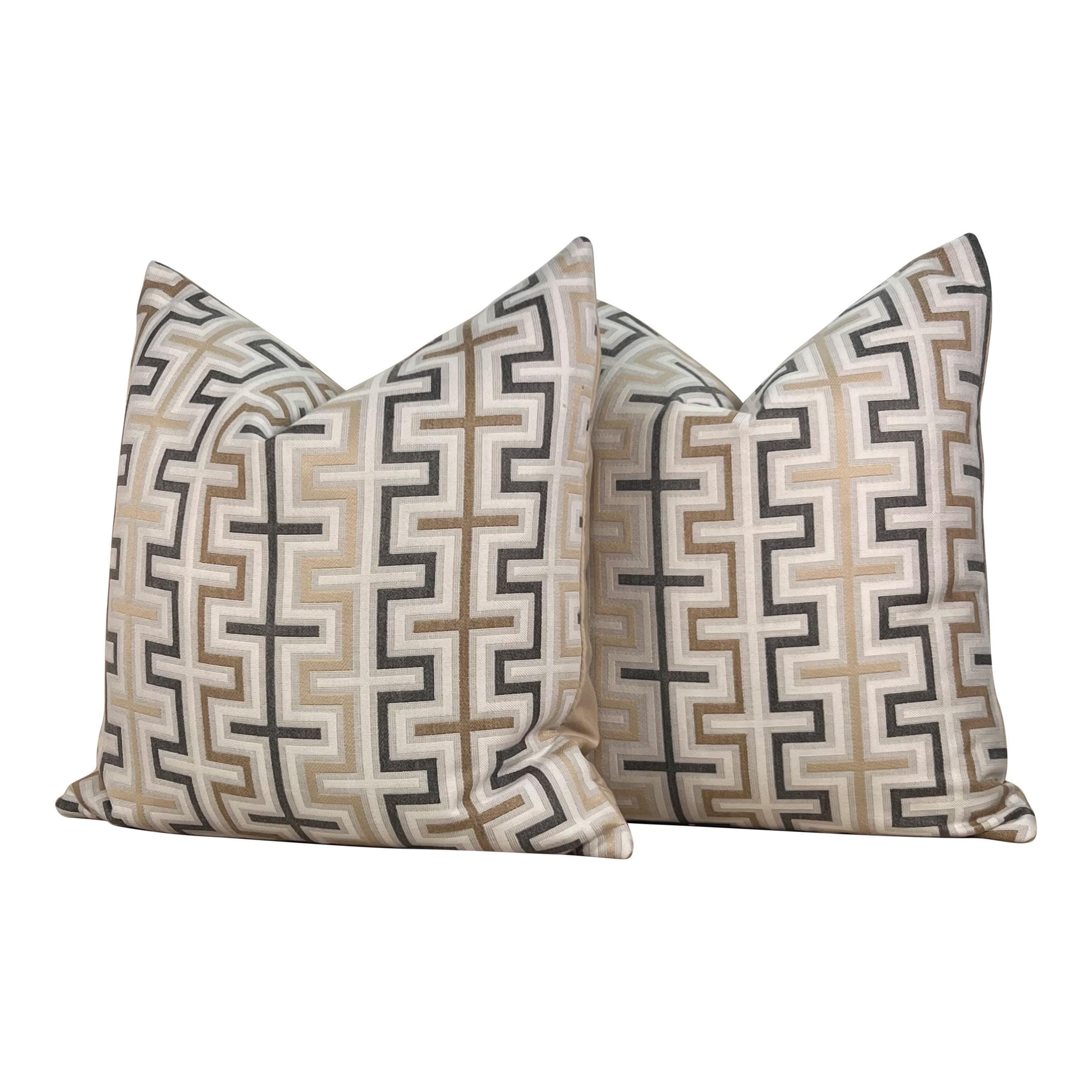 Thibaut Indoor/Outdoor Zipper Pillow in Beige Tones. Sunbrella Outdoor Woven Pillow Cover, Beige, Tan Brown Weather Resistant Cushions