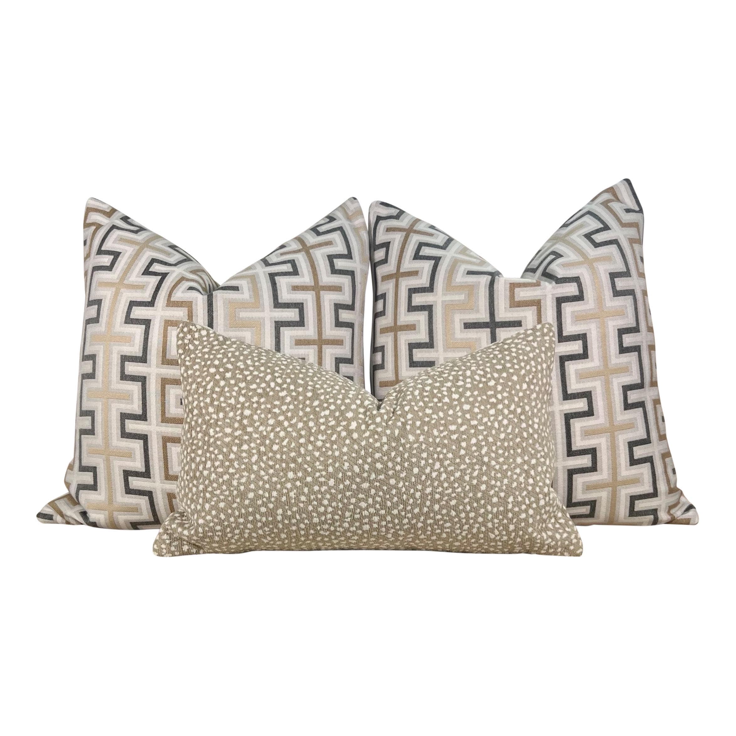Thibaut Indoor/Outdoor Zipper Pillow in Beige Tones. Sunbrella Outdoor Woven Pillow Cover, Beige, Tan Brown Weather Resistant Cushions