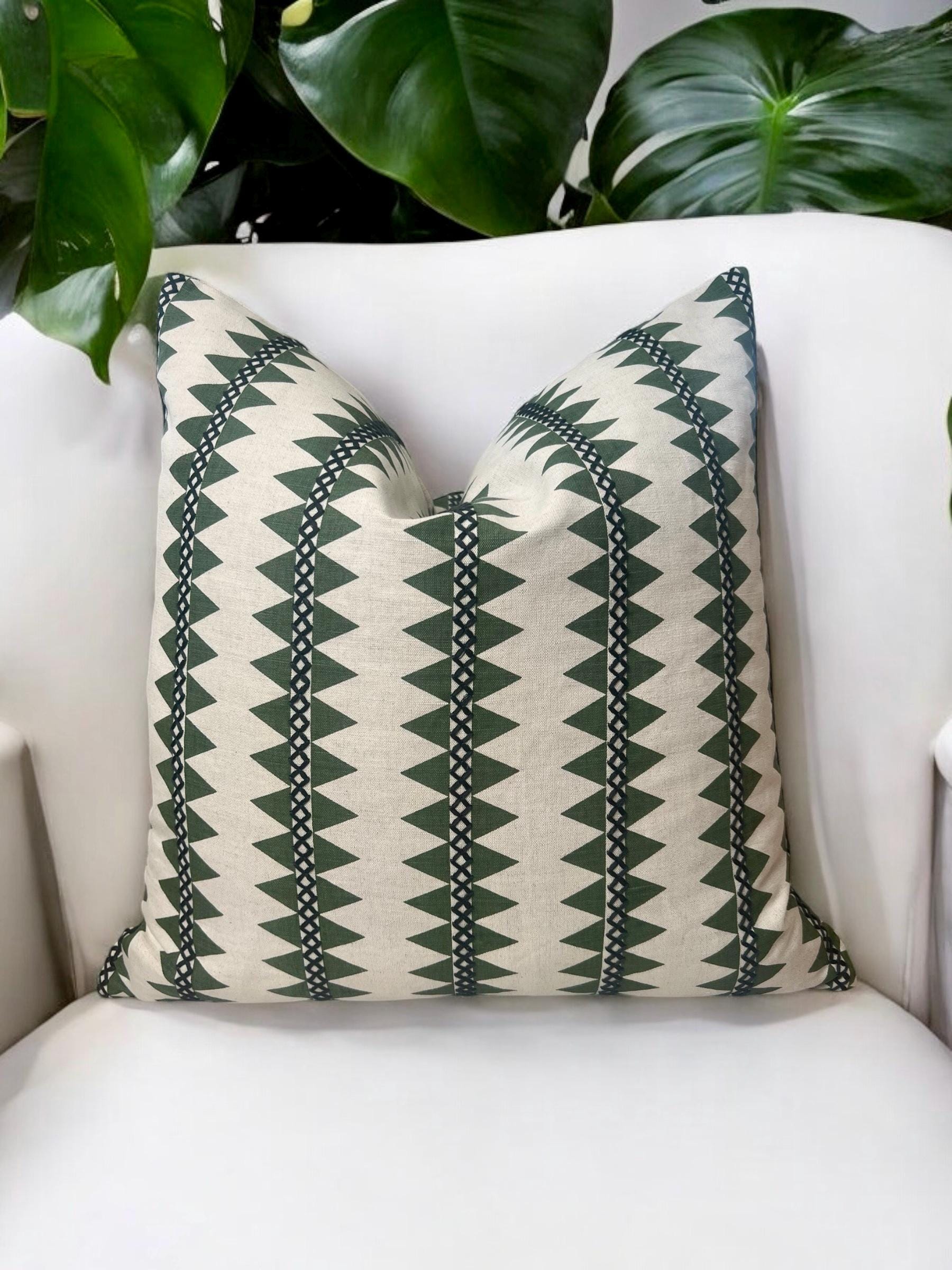 Thibaut Reno Stripe Embroidered Pillow in Green, Navy Blue, Luxury Designer Accent Cushion, Modern Geometric Throw Pillow, Euro Sham Cover