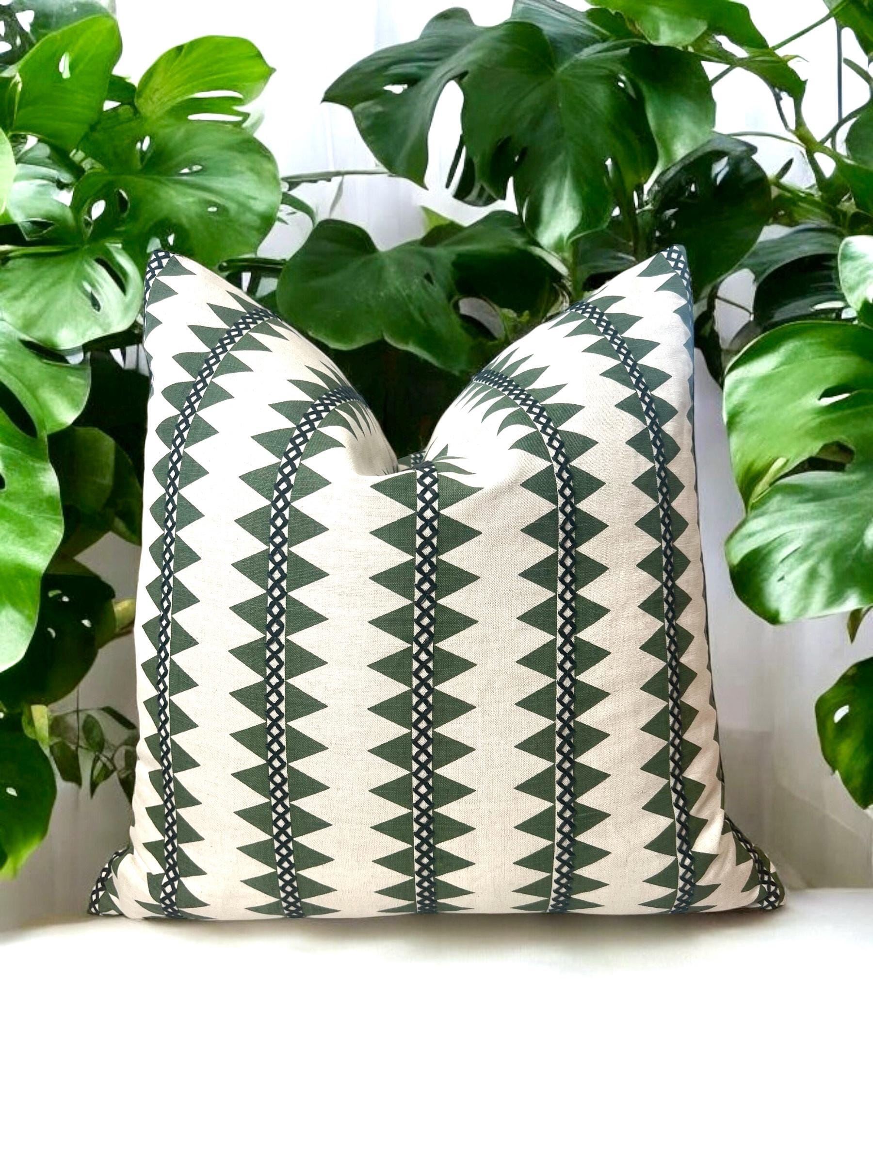 Thibaut Reno Stripe Embroidered Pillow in Green, Navy Blue, Luxury Designer Accent Cushion, Modern Geometric Throw Pillow, Euro Sham Cover