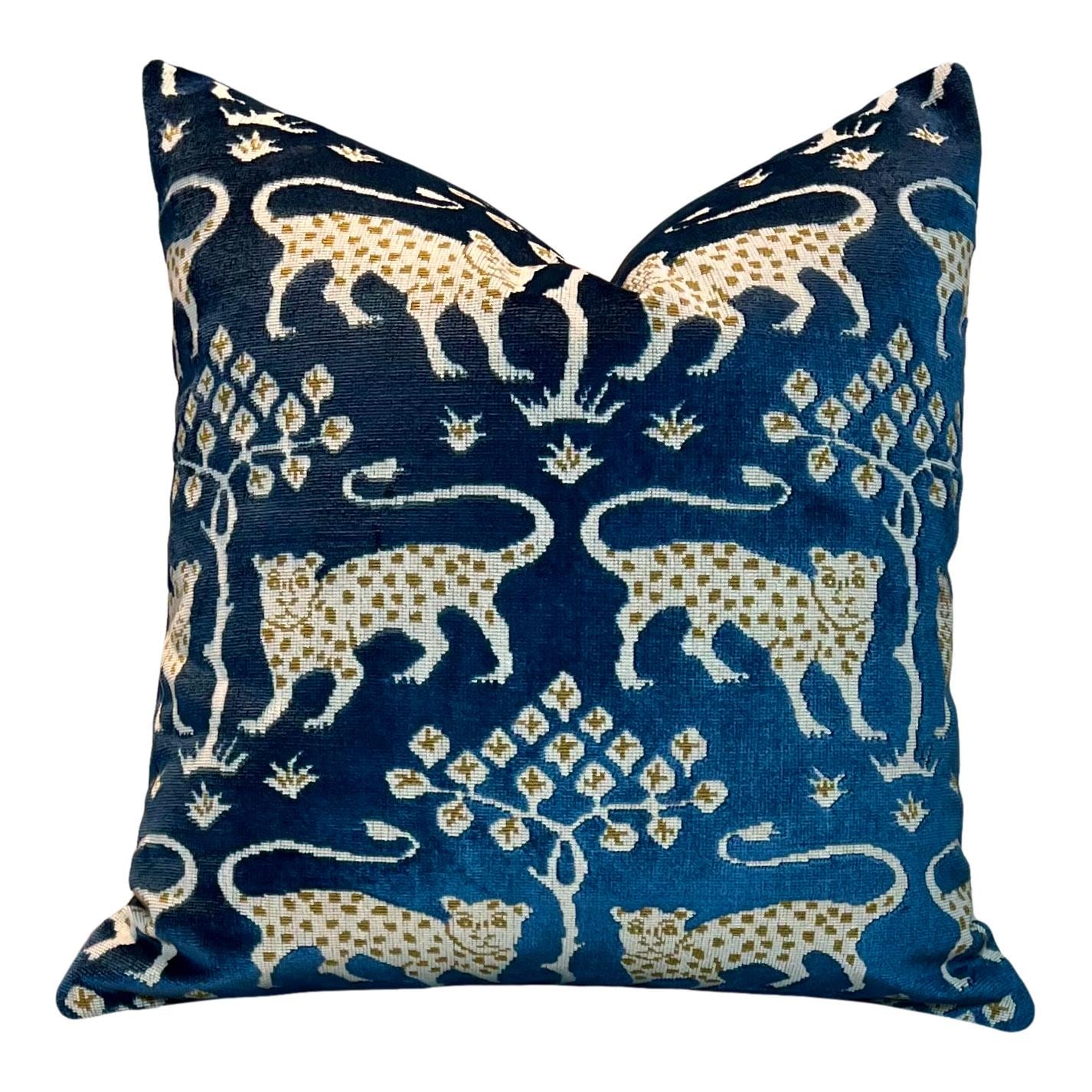 Schumacher Woodland Velvet Pillow Navy Blue and Gold. Decorative Pillow, Designer Modern Cushions, High End Pillows Covers 18x18 20x20 22x22