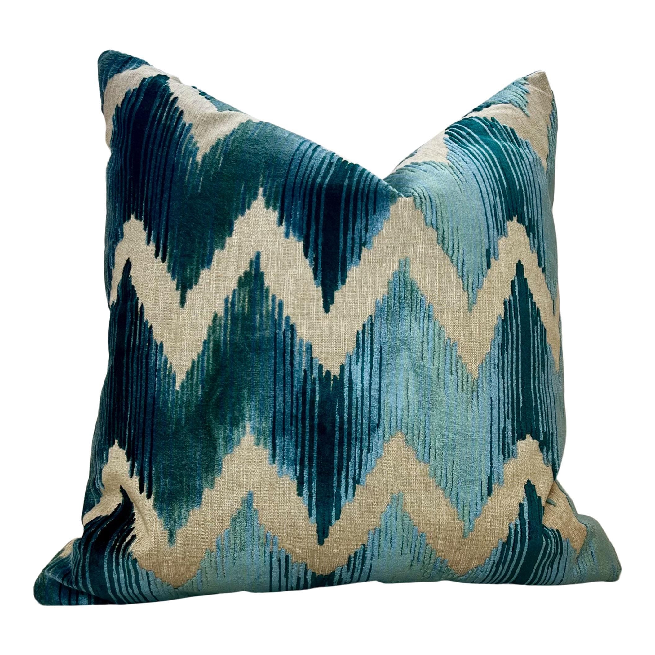 Lee Jofa Waterside Raised Velvet Pillow in Teal, Modern Aqua Zig Zag Cushion Cover, Geometric Velvet Pillow, Contemporary Velvet Pillows