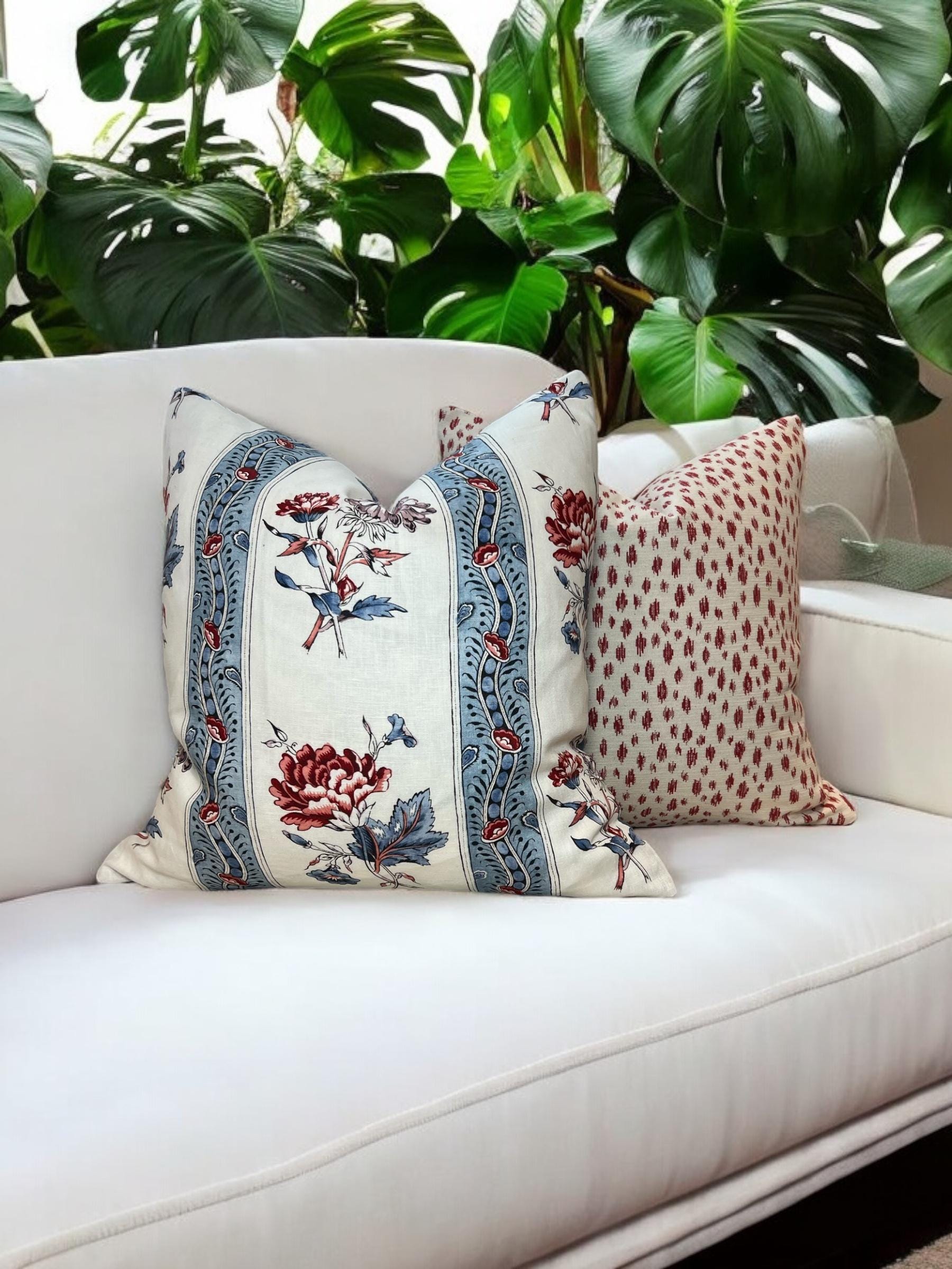Schumacher Ariana Floral Stripe Linen Pillow in Red and Blue, French Floral Cushion in Blue Red, Designer Linen Cushion, Euro Sham Pillow