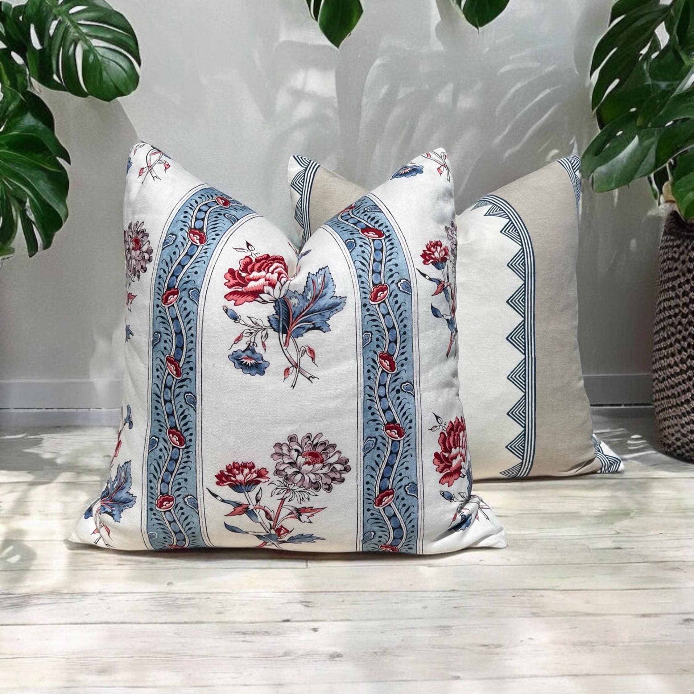 Schumacher Ariana Floral Stripe Linen Pillow in Red and Blue, French Floral Cushion in Blue Red, Designer Linen Cushion, Euro Sham Pillow