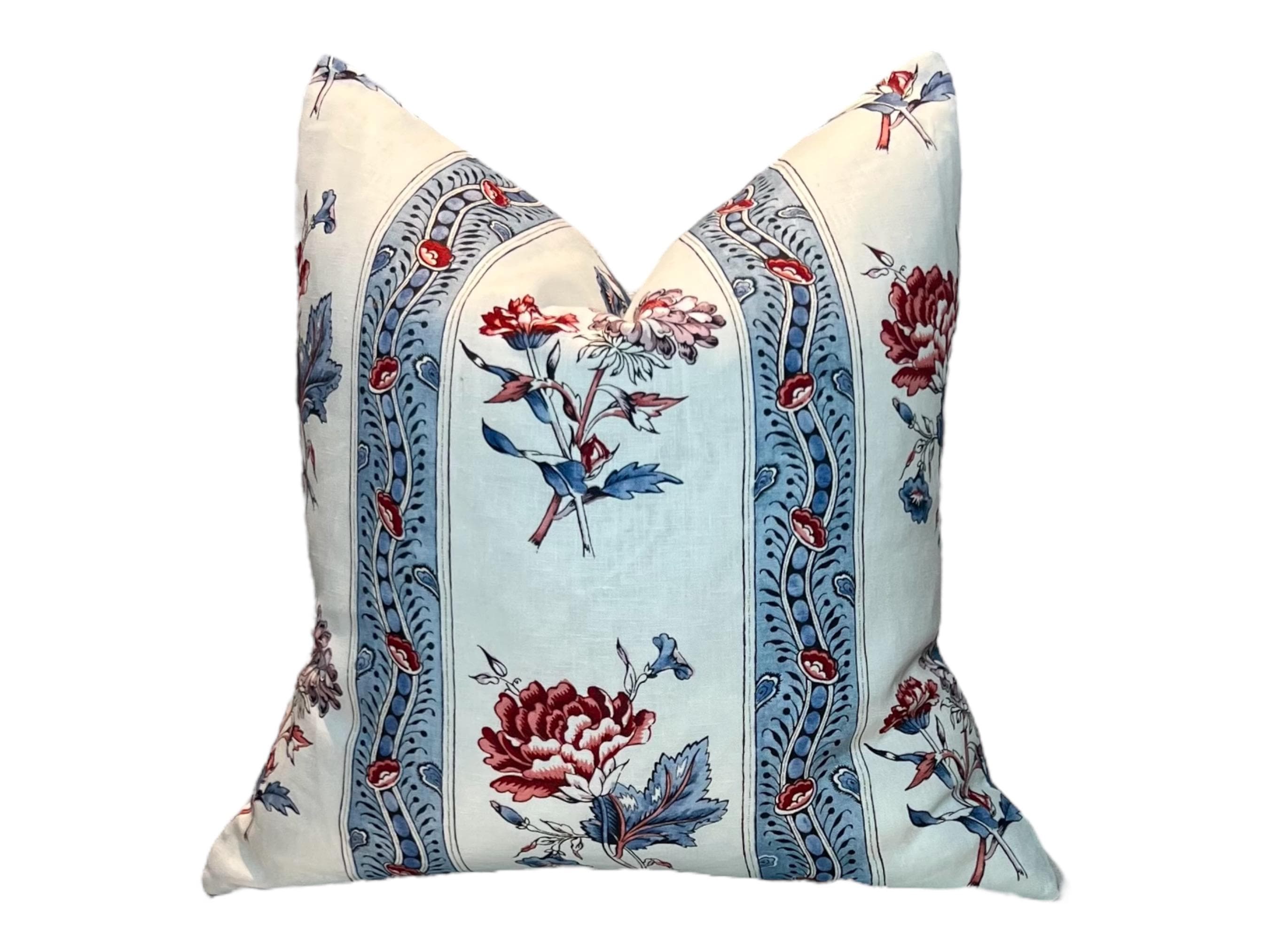 Schumacher Ariana Floral Stripe Linen Pillow in Red and Blue, French Floral Cushion in Blue Red, Designer Linen Cushion, Euro Sham Pillow