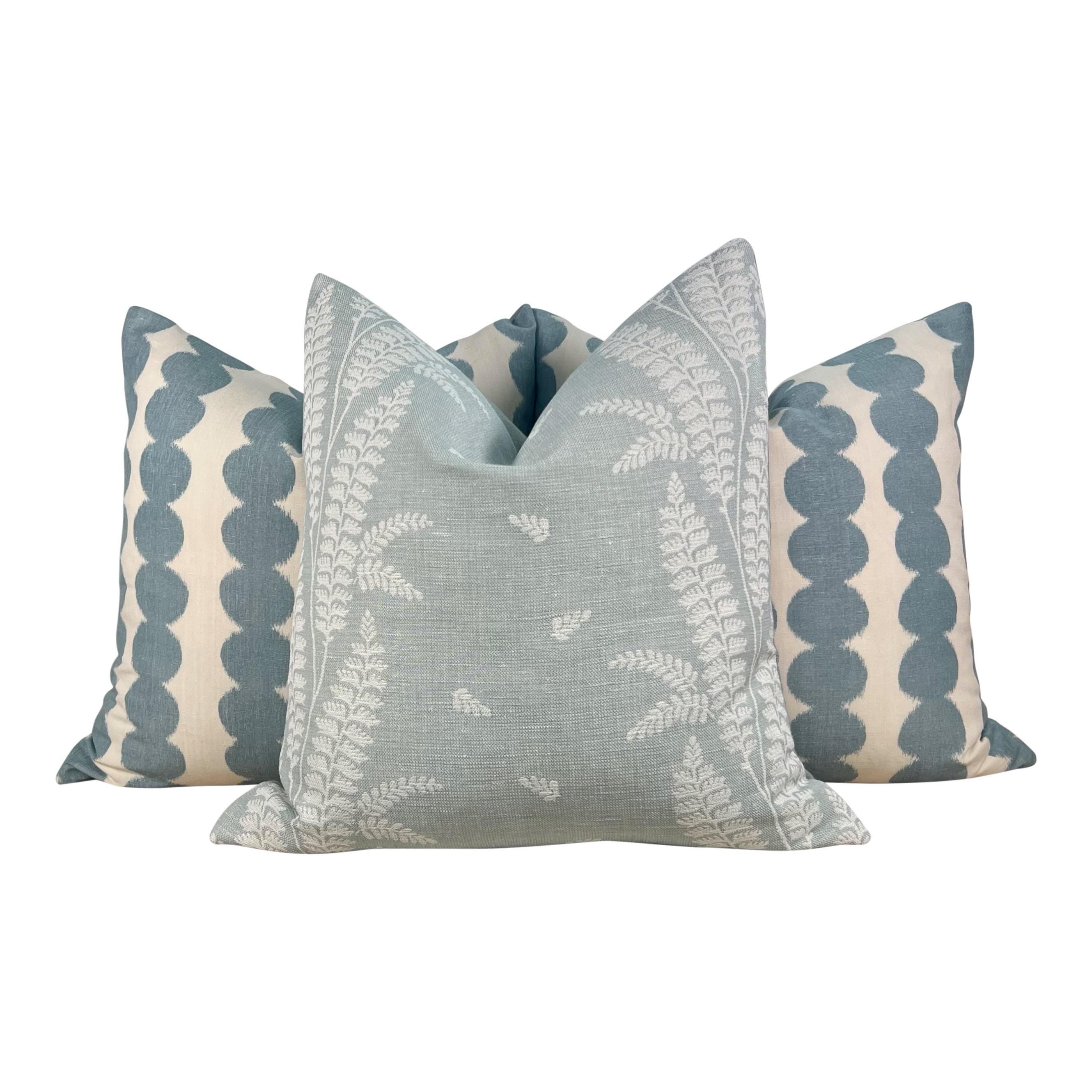 Schumacher Full Circle Linen Pillow in Sky. Designer High End Decorative Pillows in Blue Tones, Accent Geometric Pillow Cover Blue and White