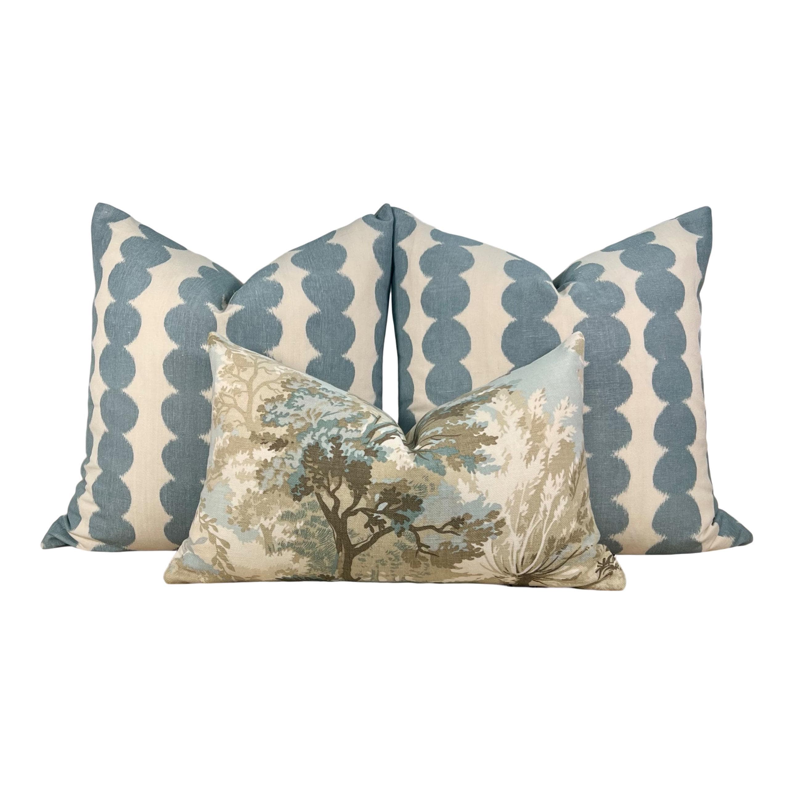 Schumacher Full Circle Linen Pillow in Sky. Designer High End Decorative Pillows in Blue Tones, Accent Geometric Pillow Cover Blue and White