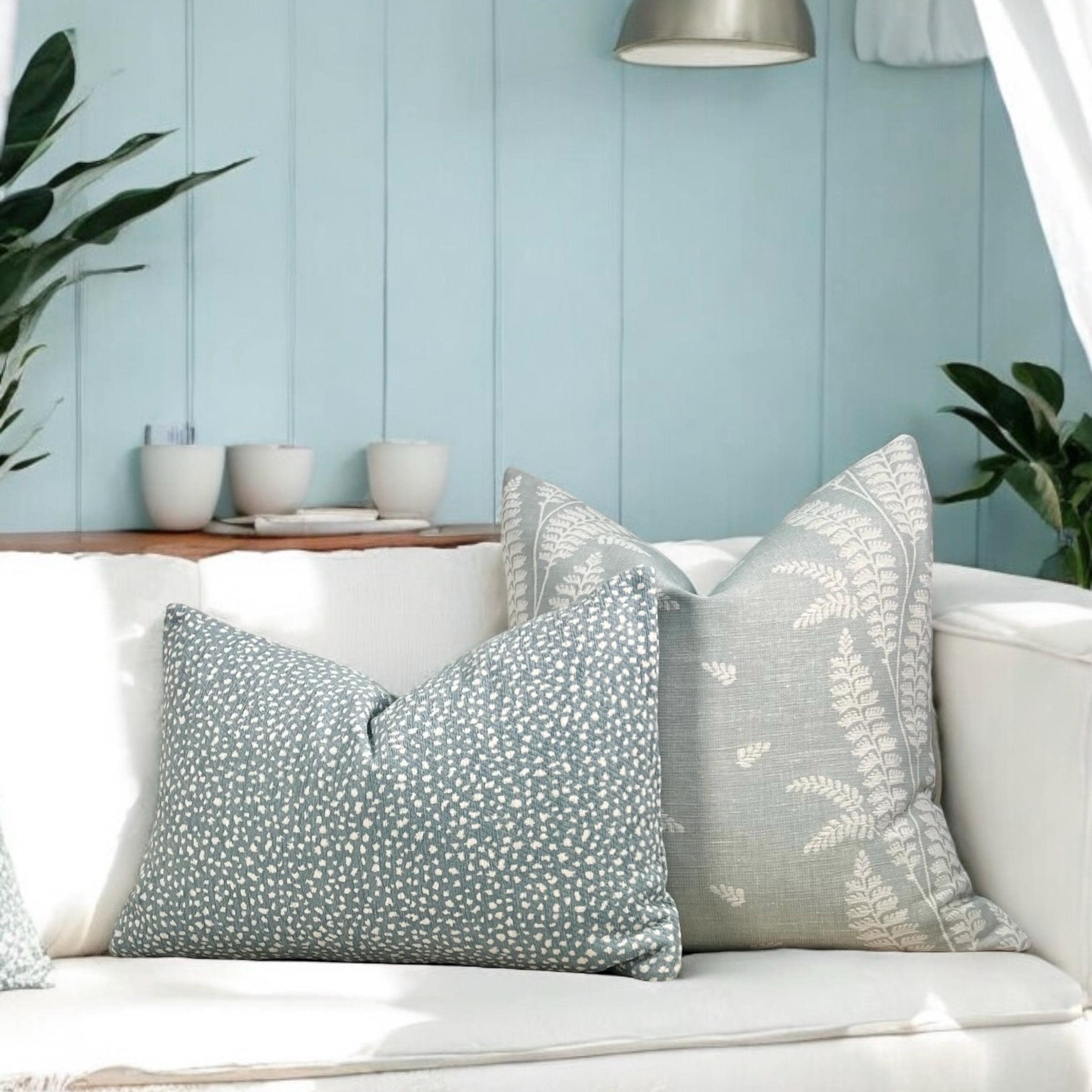 Thibaut Ensbury Fern Woven Pillow in Soft Blue. Light Blue Fern Pillow Cover, Decorative Pastel Pillows,