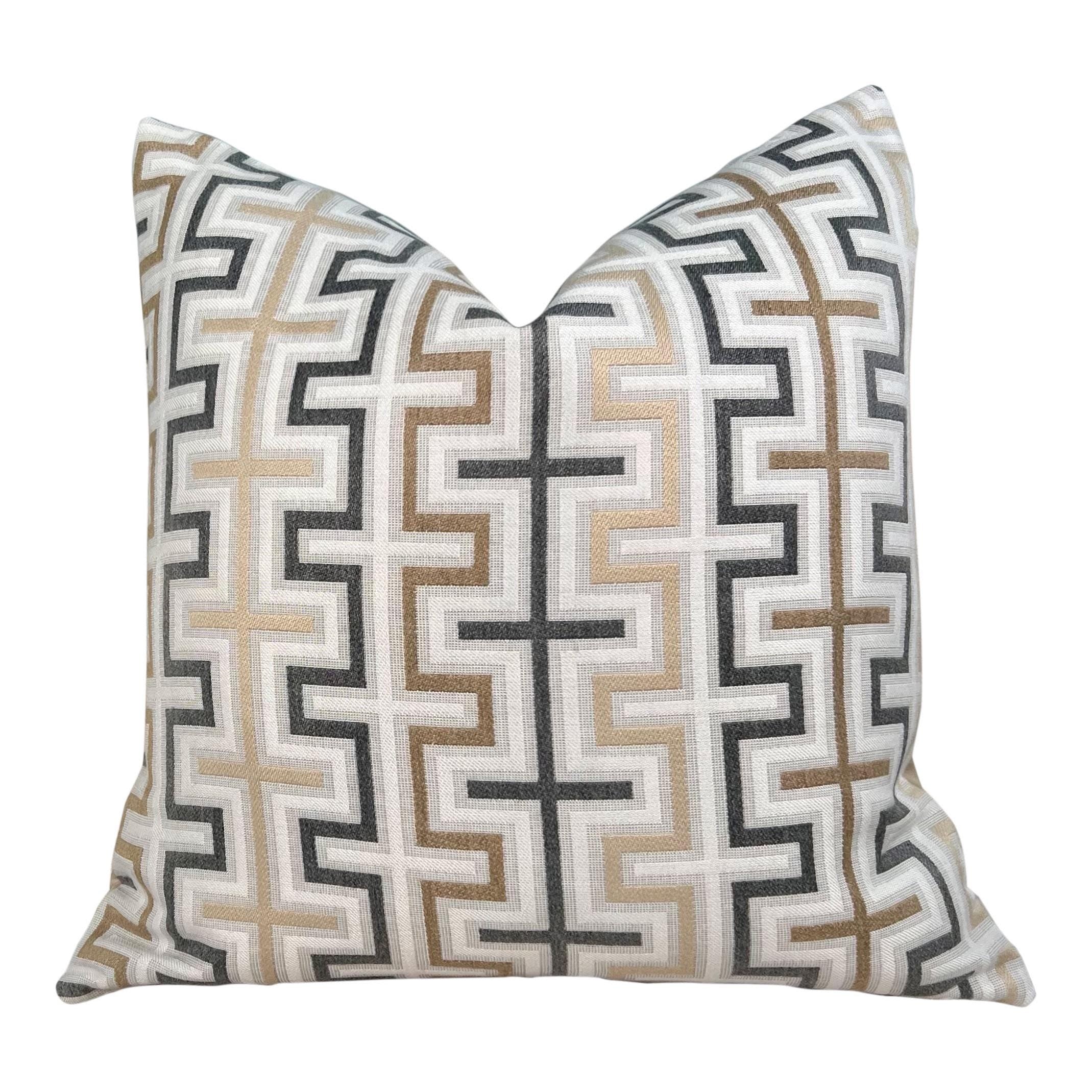 Thibaut Indoor/Outdoor Zipper Pillow in Beige Tones. Sunbrella Outdoor Woven Pillow Cover, Beige, Tan Brown Weather Resistant Cushions