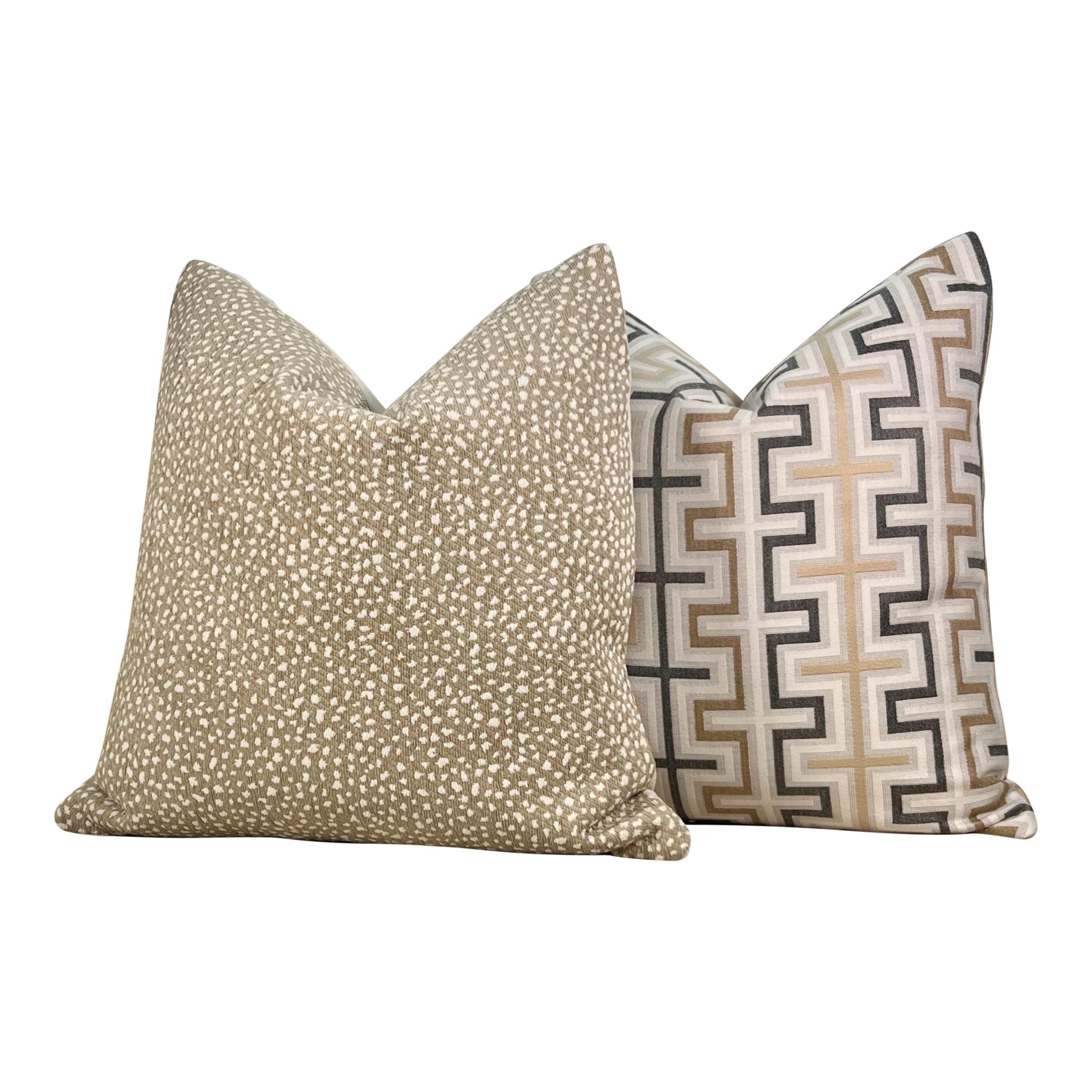 Thibaut Indoor/Outdoor Zipper Pillow in Beige Tones. Sunbrella Outdoor Woven Pillow Cover, Beige, Tan Brown Weather Resistant Cushions