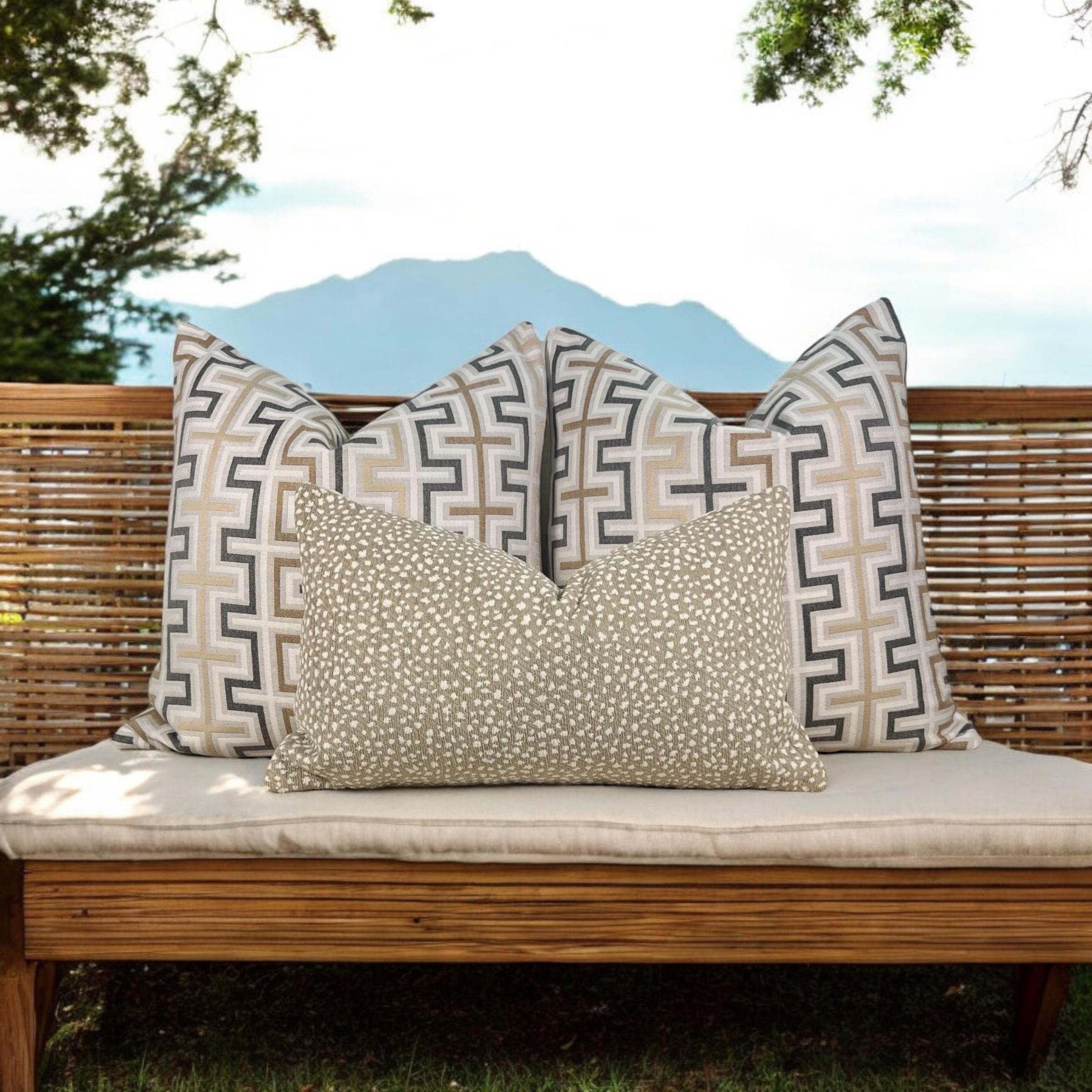 Thibaut Indoor/Outdoor Zipper Pillow in Beige Tones. Sunbrella Outdoor Woven Pillow Cover, Beige, Tan Brown Weather Resistant Cushions