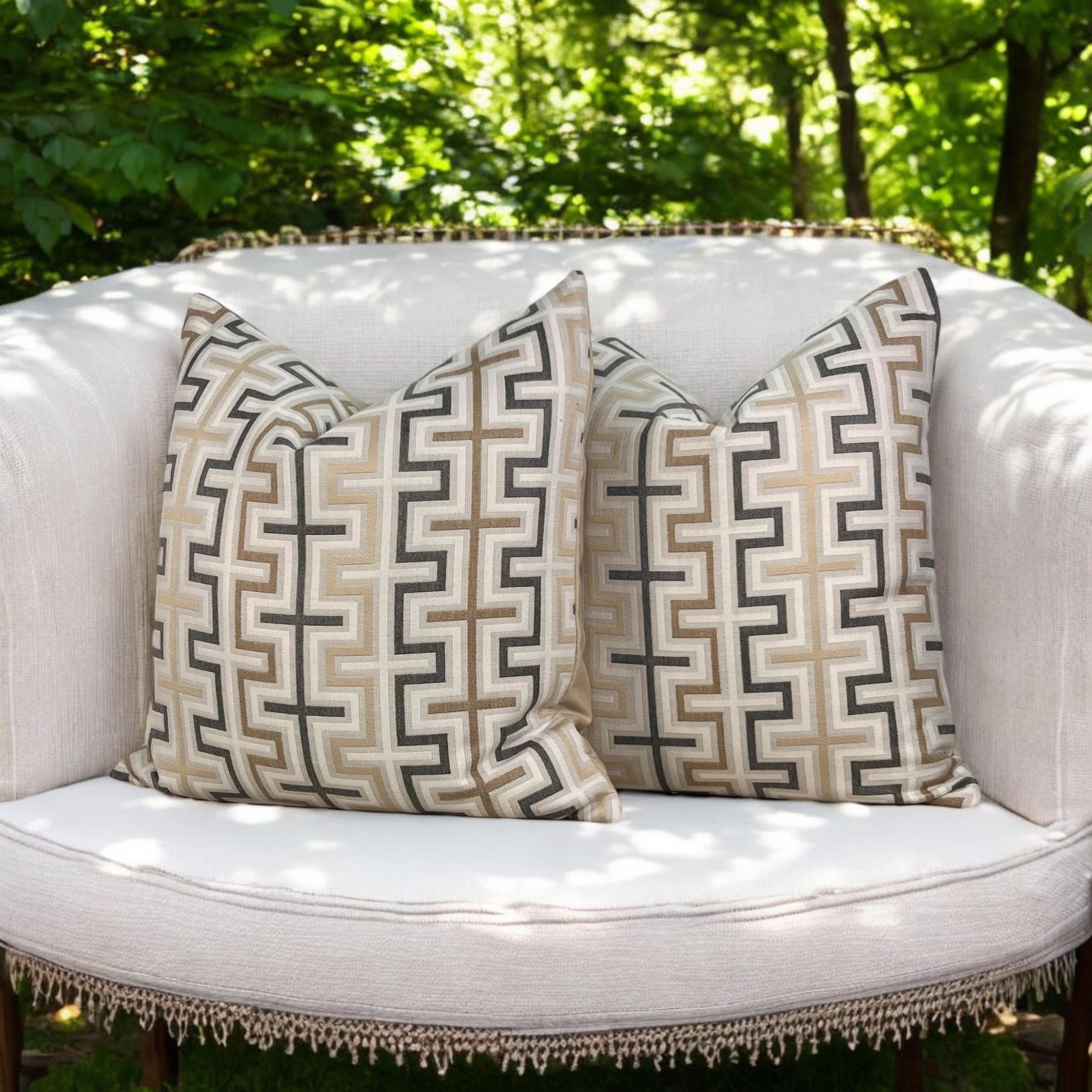 Thibaut Indoor/Outdoor Zipper Pillow in Beige Tones. Sunbrella Outdoor Woven Pillow Cover, Beige, Tan Brown Weather Resistant Cushions