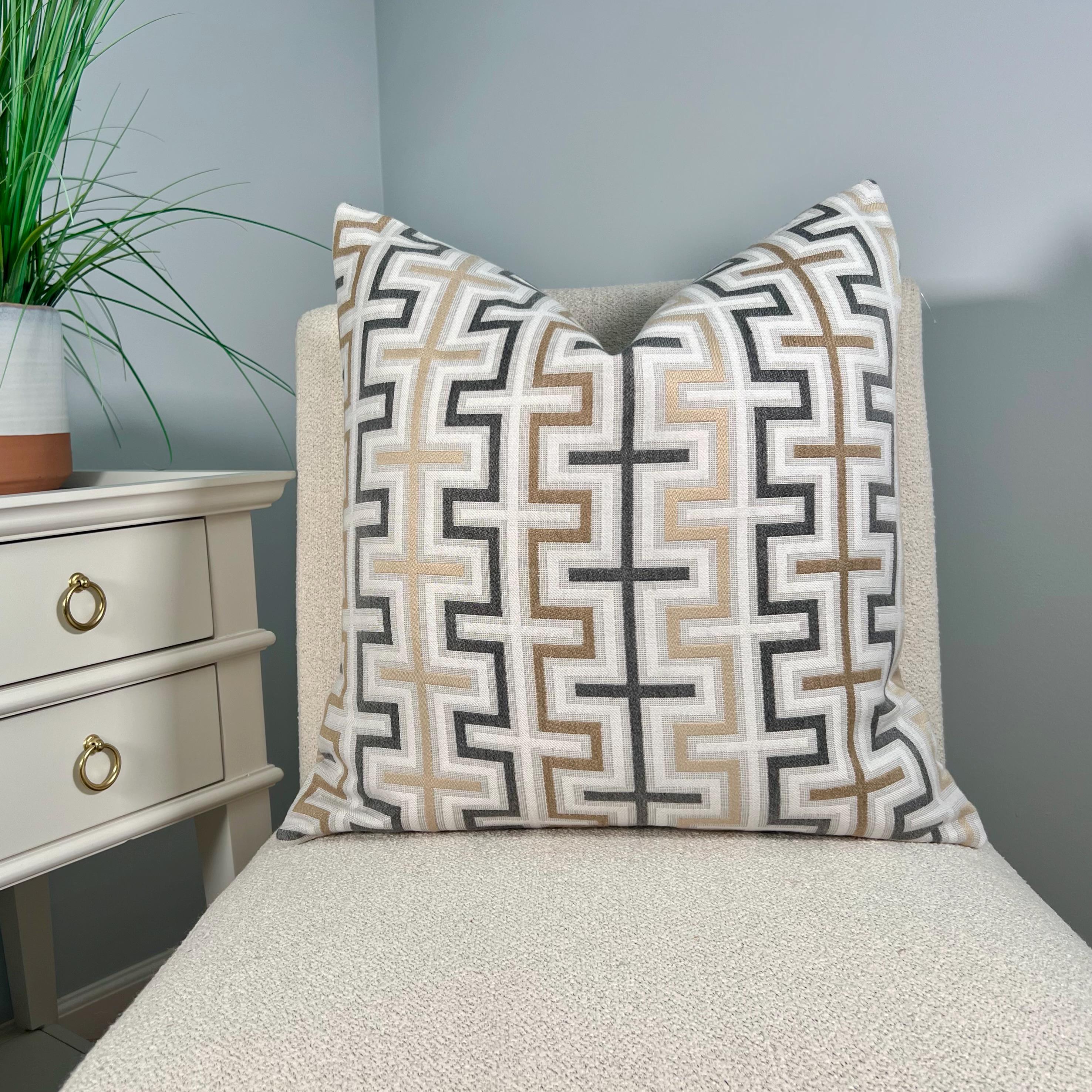 Thibaut Indoor/Outdoor Zipper Pillow in Beige Tones. Sunbrella Outdoor Woven Pillow Cover, Beige, Tan Brown Weather Resistant Cushions