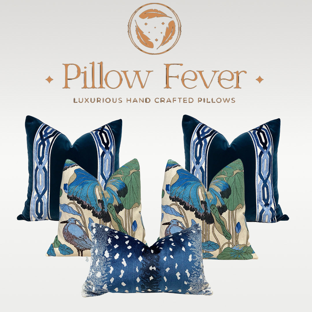 Midnight Blue Velvet Pillow - Woven Jacquard Tape