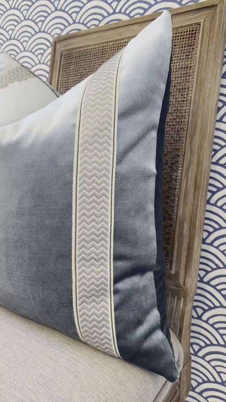 Designer Velvet Pillow in Luminous Aqua, Chevron Trim. High End Pillows, Velvet Lumbar Pillow Cover, Accent Velvet Pillow, Lumbar Velvet