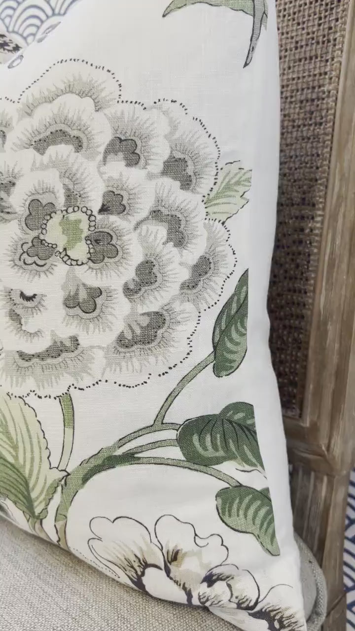 Hill Garden Linen Pillow in Green and White. Designer Pillows, High End Pillows, Floral Pillows, Bird Pillow Cover, Floral Bedroom Decor
