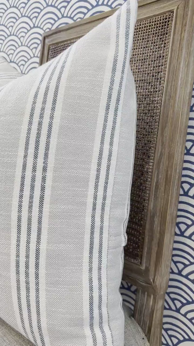 Thibaut Indoor/Outdoor Woven Southport Stripe Pillow in Sterling and Cobalt. Outdoor Gray Striped Pillow Covers, Accent Lumbar Pillows