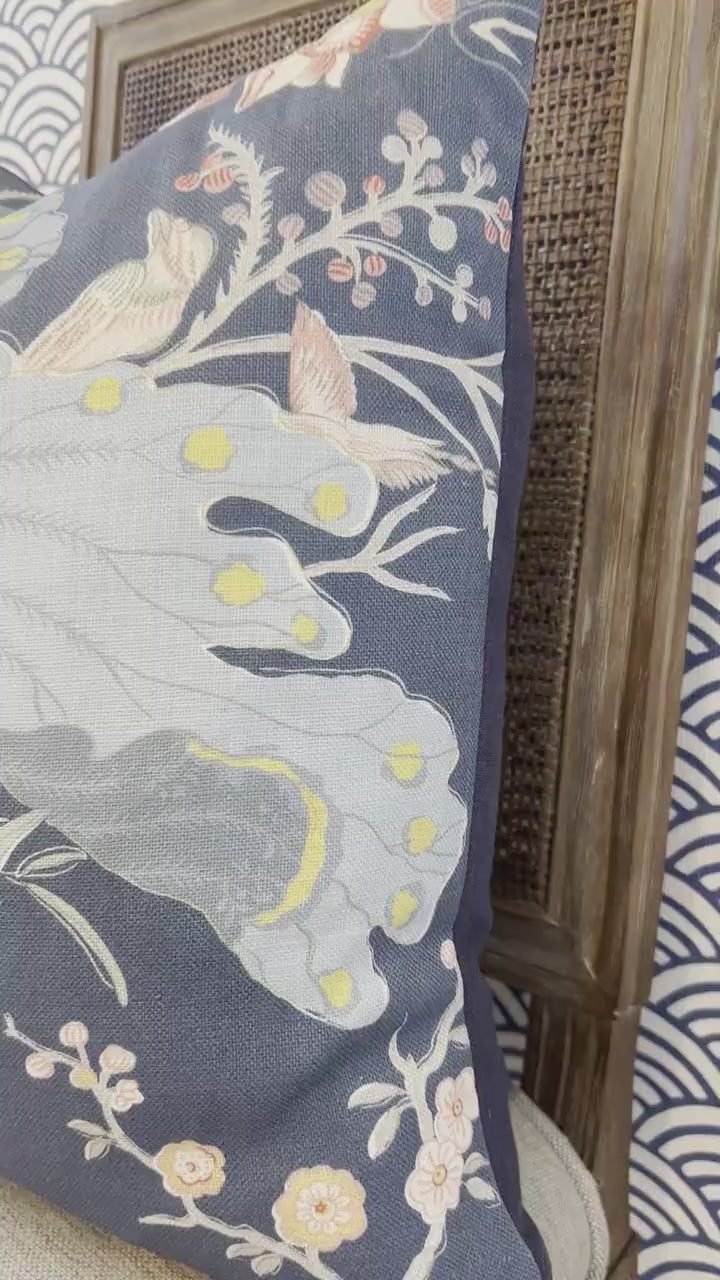Lee Jofa Luzon Pillow in Sapphire. Linen Blue Pillows, Designer Exotic Bird Pillows Luxury Botanical Pillow High End Blue, Coral, Euro Sham