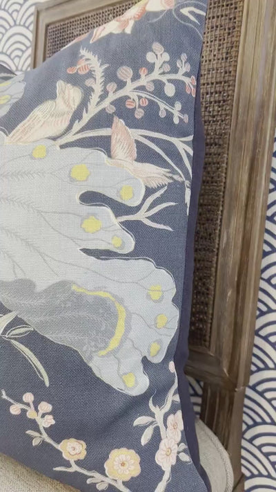 Lee Jofa Luzon Pillow in Sapphire. Linen Blue Pillows, Designer Exotic Bird Pillows Luxury Botanical Pillow High End Blue, Coral, Euro Sham