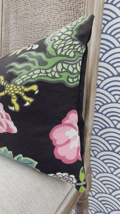 Schumacher Chang Mai Dragon Pillow in Ebony. Asian Lumbar Linen Pillow.