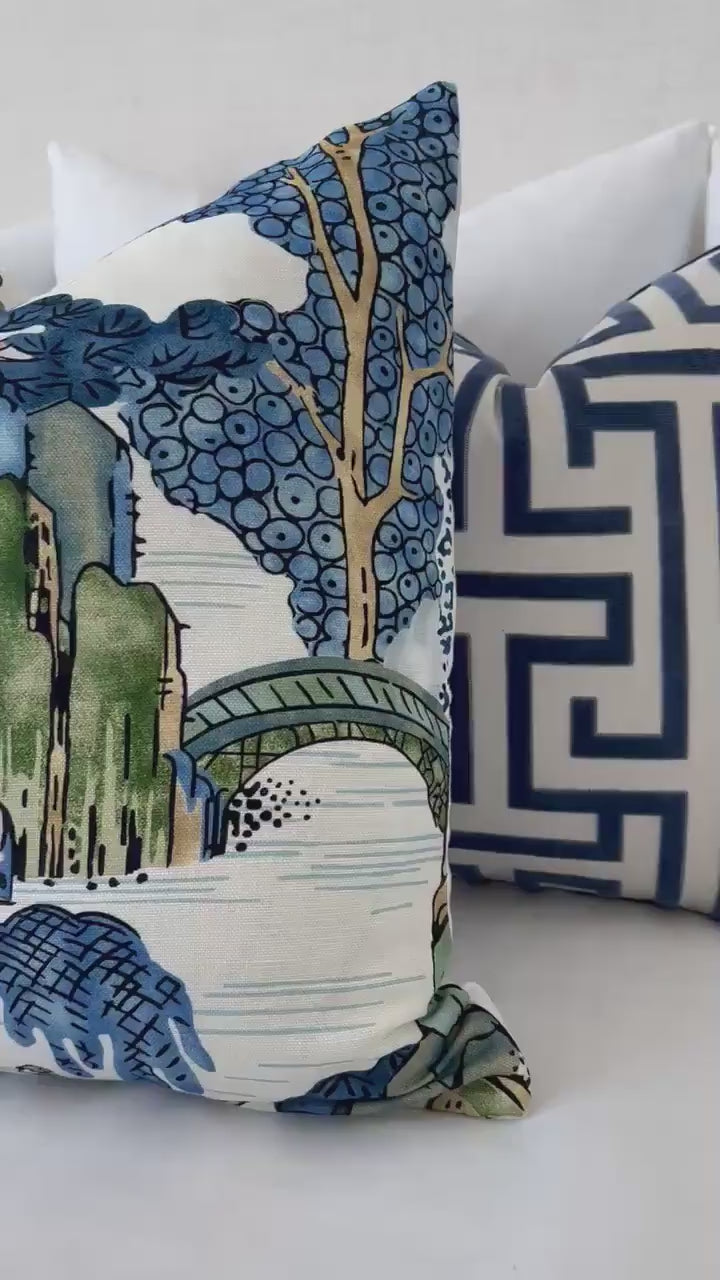 Thibaut Asian Scenic Kelly and Blue Green Pillow. Lumbar Accent Pagoda Chinoserie Pillow Case, Euro Sham Cover, Designer Pillows