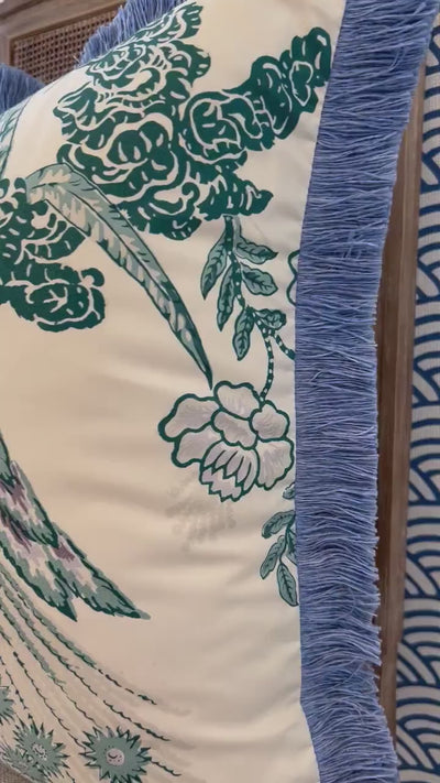 Schumacher Peacock Pillow in Cream and Teal Embellished with French Blue Brush Trim. Decorative High End  Pillows, Designer Pillow Covers,