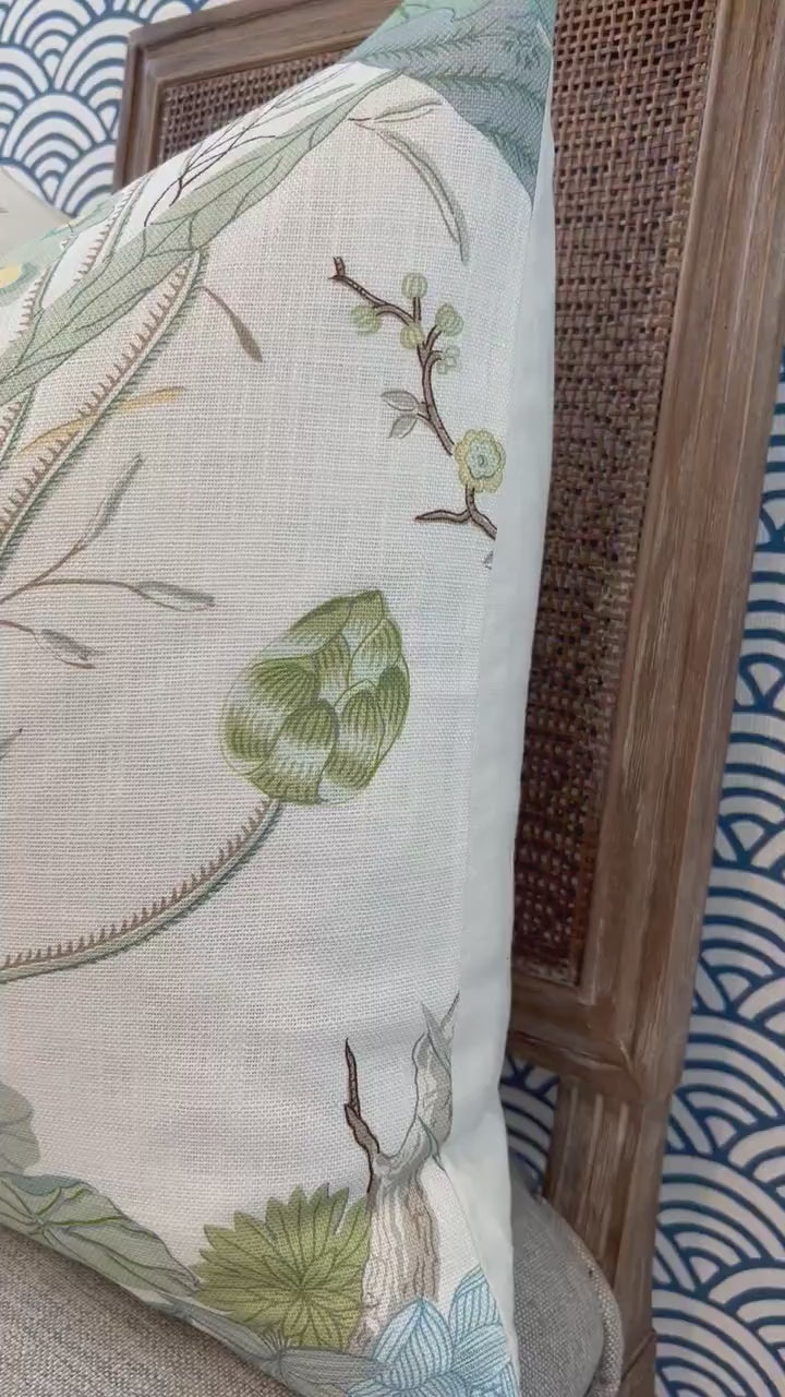 Lee Jofa Luzon Pillow in Jade.  Linen Cream Green Pillows, Designer Exotic Bird Pillows, High End Pillow Covers, Luxury Botanical Pillow