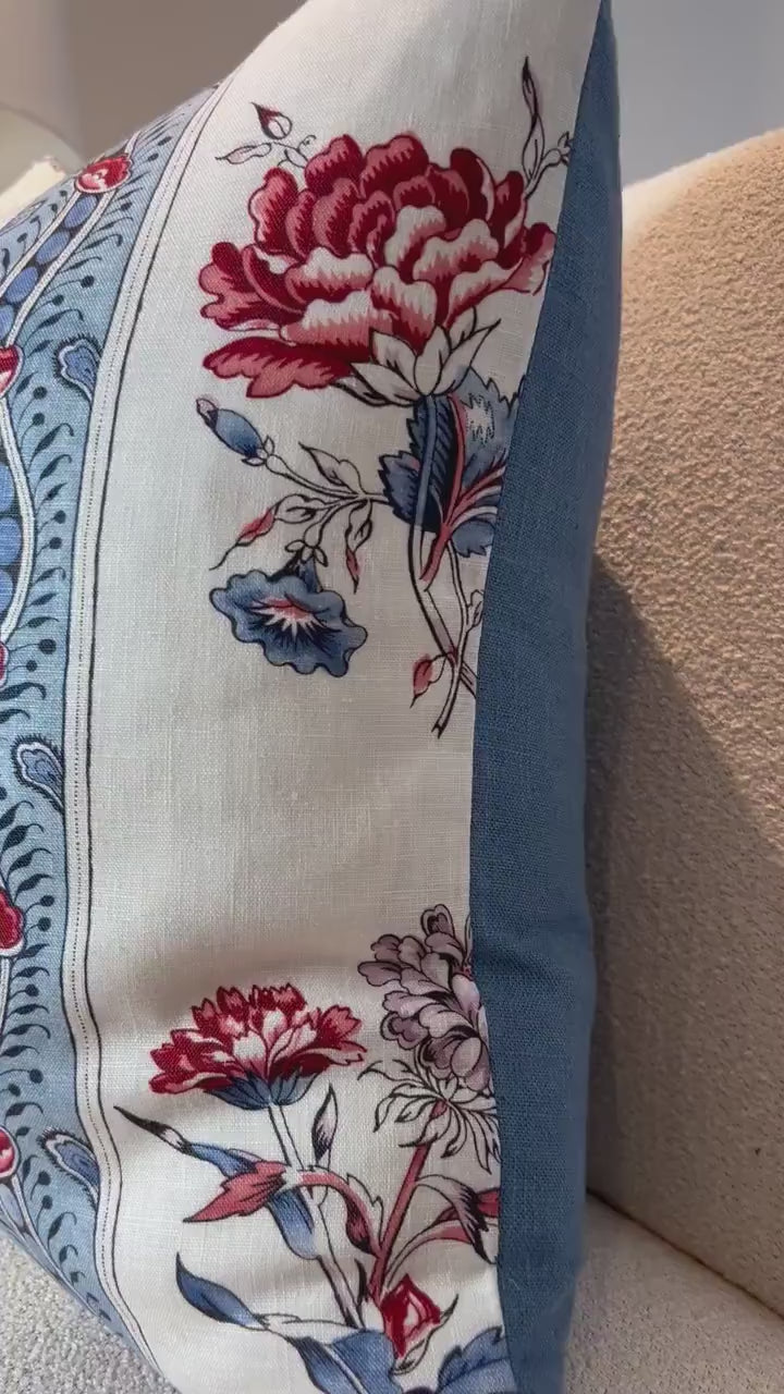 Schumacher Ariana Floral Stripe Linen Pillow in Red and Blue, French Floral Cushion in Blue Red, Designer Linen Cushion, Euro Sham Pillow