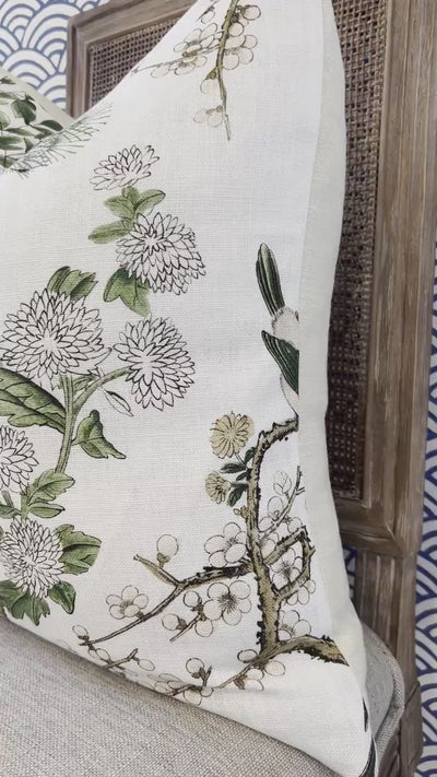 Katsura Pillow in Soft White and Green. Designer Linen Pillows, High End Floral Pillows, Euro Sham Cover, Decorative Lumbar Pillows