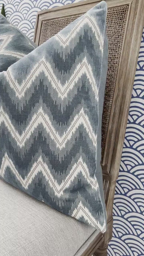 Schumacher Chevron Velvet Pillow in Mineral. Designer Zig Zag Velvet Cushion Cover, Modern Accent Pillows, Contemporary Geometric  Pillows