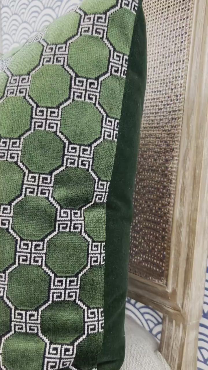 Schumacher Octavia Velvet Pillow in Emerald. Velvet Lux Pillow, Long Lumbar Pillow, Designer Pillows, High End Pillows, Contemporary Pillows