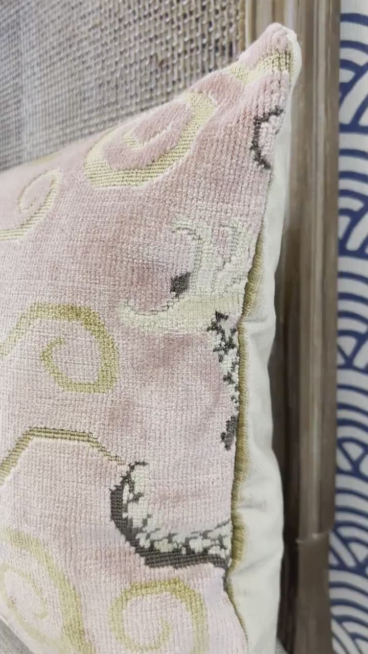 Schumacher Bixi Velvet Pillow in Rose Quartz. Dragon Velvet Pillows, Accent Decorative Pillow Cover, Chinoiserie Long Lumbar Pillow in Blush