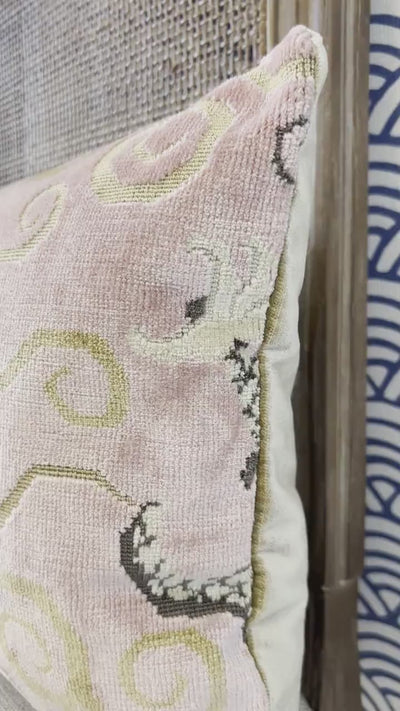 Schumacher Bixi Velvet Pillow in Rose Quartz. Dragon Velvet Pillows, Accent Decorative Pillow Cover, Chinoiserie Long Lumbar Pillow in Blush