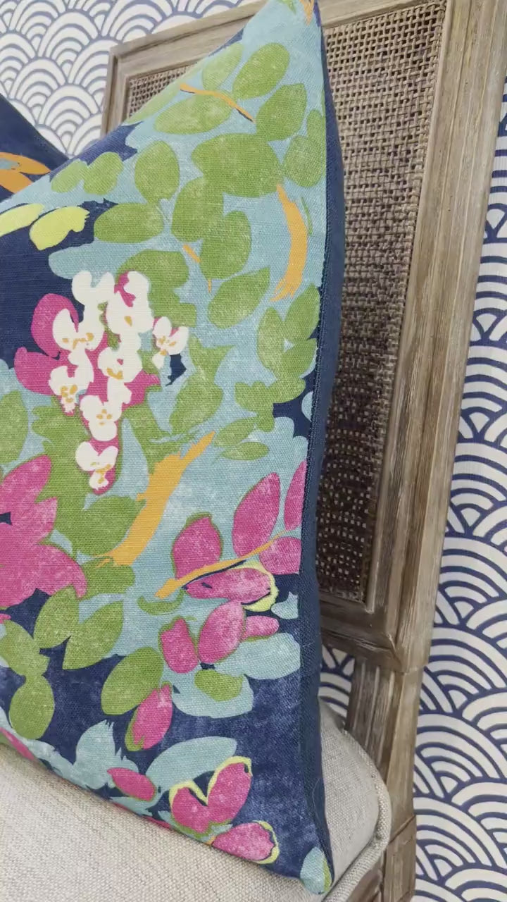 Thibaut Central Park Pillow in Navy and Fuchsia. Designer Pillow Cover, Accent lumbar pillow, High End Floral Pillow, Euro Sham Floral Case