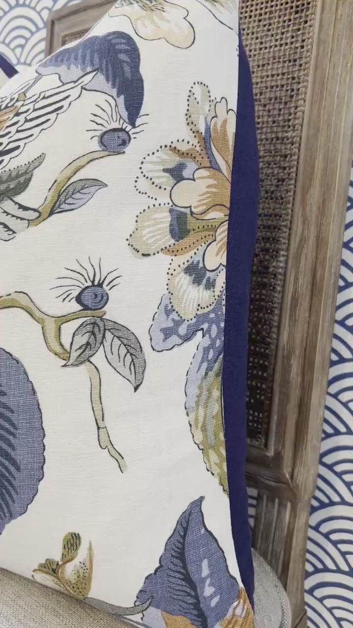 Hill Garden Linen Pillow in Brick and Navy. Designer Pillows, High End Pillows, Blue Floral Pillows, Bird Pillow Cover, Floral Bedroom Decor