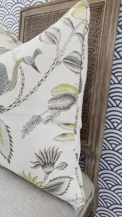 Schumacher Campagne Pillow in Spa Blue. Lumbar Linen Pillow, Designer Pillows, High End Pillows, Yellow Aqua Blue Pillow Case Bird Print
