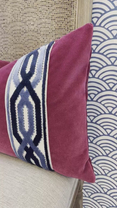 Designer Velvet Pillow in Fuchsia with trim. Designer Velvet Pillows, Accent Velvet Pillow, Lumbar Fuchsia Pillows, Extra long Lumbar.