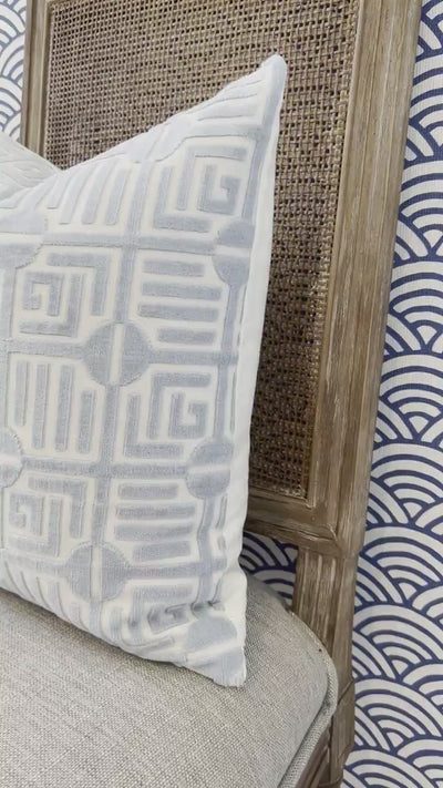 Thibaut Labyrinth Velvet Pillow in Spa Blue. High End Pillows, Designer Raised Velvet Pillows, Geometric Velvet Pillows in Light Blue