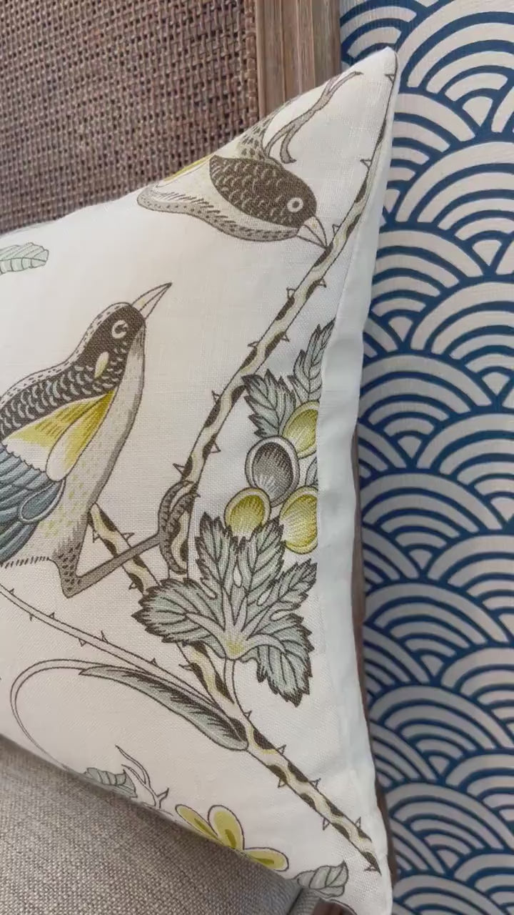 Schumacher Campagne Pillow in Spa Blue. Lumbar Linen Pillow, Designer Pillows, High End Pillows, Yellow Aqua Blue Pillow Case Bird Print