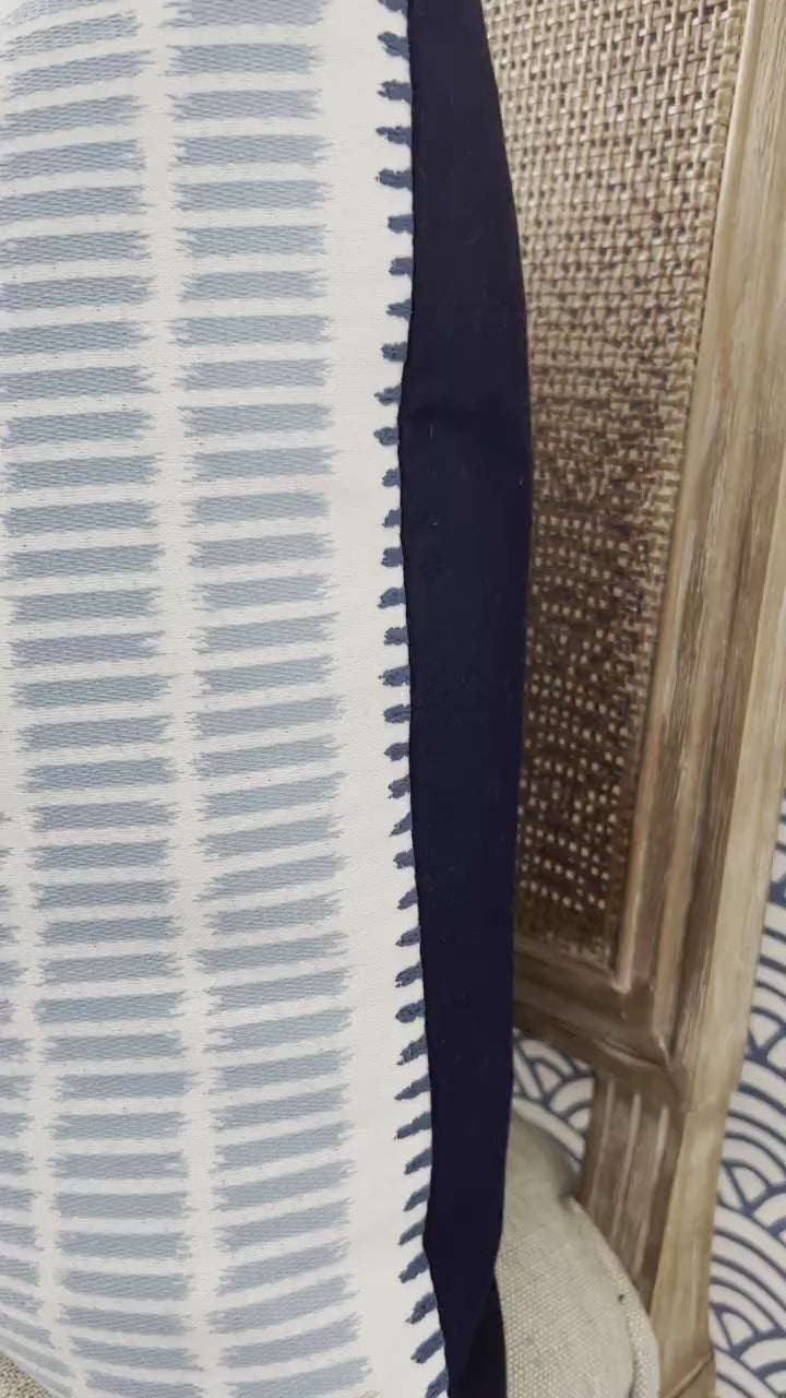Outdoor/ Indoor Top Sail Striped Pillow in Sky and Marine. Designer Woven Decorative Sunbrella Outdoor Pillow Cover in Blue Striped