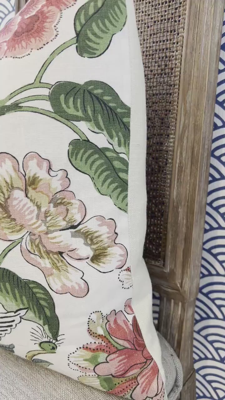 Hill Garden Linen Pillow in Green and Coral. Designer Pillows, High End Pillows, Floral Pillows, Bird Pillow Cover, Floral Bedroom Decor