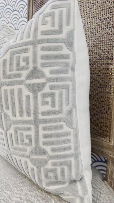 Thibaut Labyrinth Velvet Pillow in Mist. High End Pillows, Designer Raised Velvet Pillows, Geometric Velvet Pillows in Aqua, Euro Sham Cover