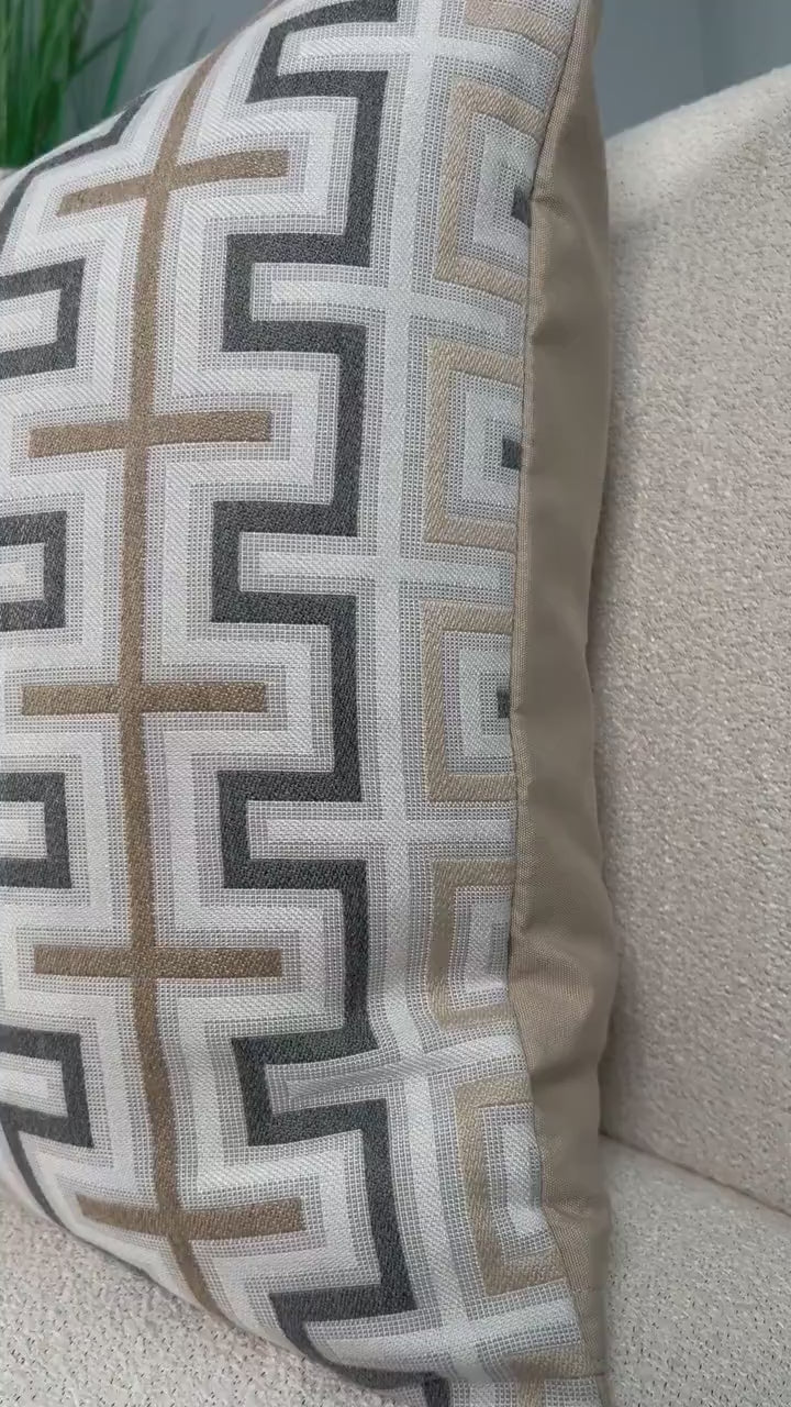 Thibaut Indoor/Outdoor Zipper Pillow in Beige Tones. Sunbrella Outdoor Woven Pillow Cover, Beige, Tan Brown Weather Resistant Cushions