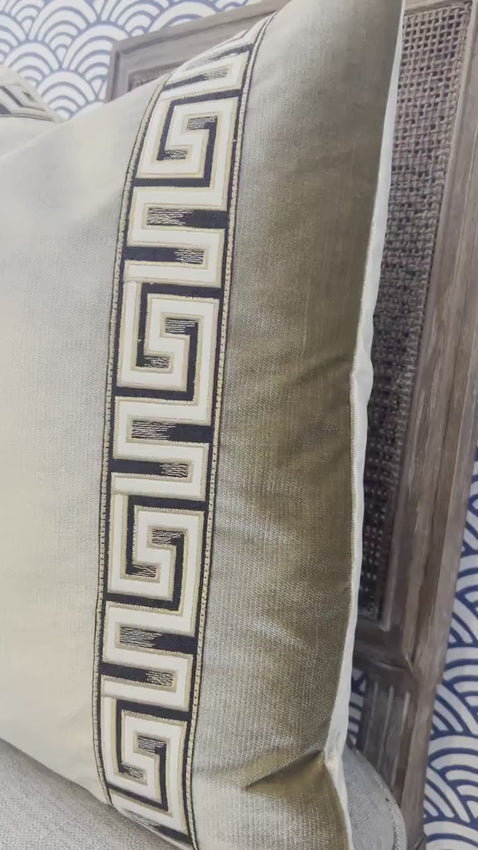 Designer Velvet Pillow in Luminous Beige with Greek Key Trim. High End Pillows, Velvet Lumbar Pillow Cover, Accent Tan Velvet Pillow